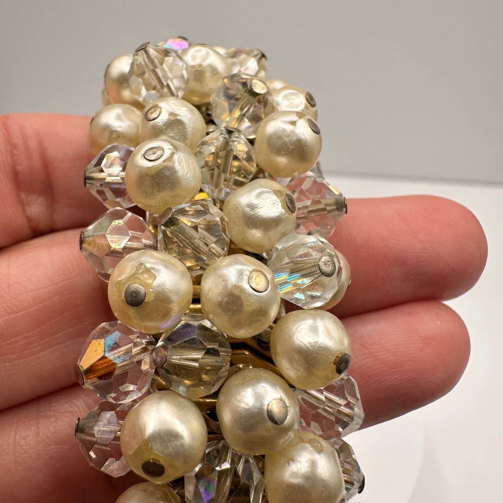 Vintage 90s Faux Pearl AB Crystal Expansion Bracelet Stretch Statement Jewelry - Thumbnail 8