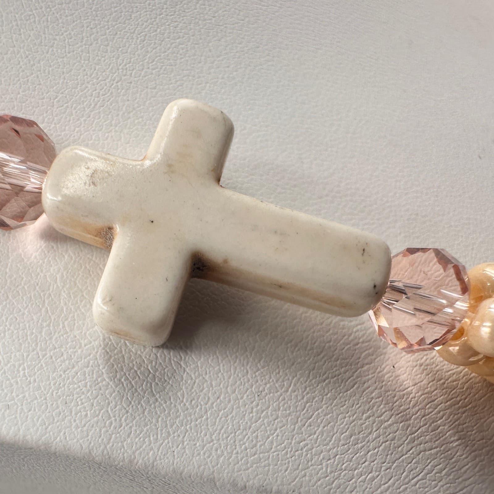 Vintage 90s Multi-Strand Necklace Paper Beads Cream Cross Religious Boho Jewelry - Thumbnail 9