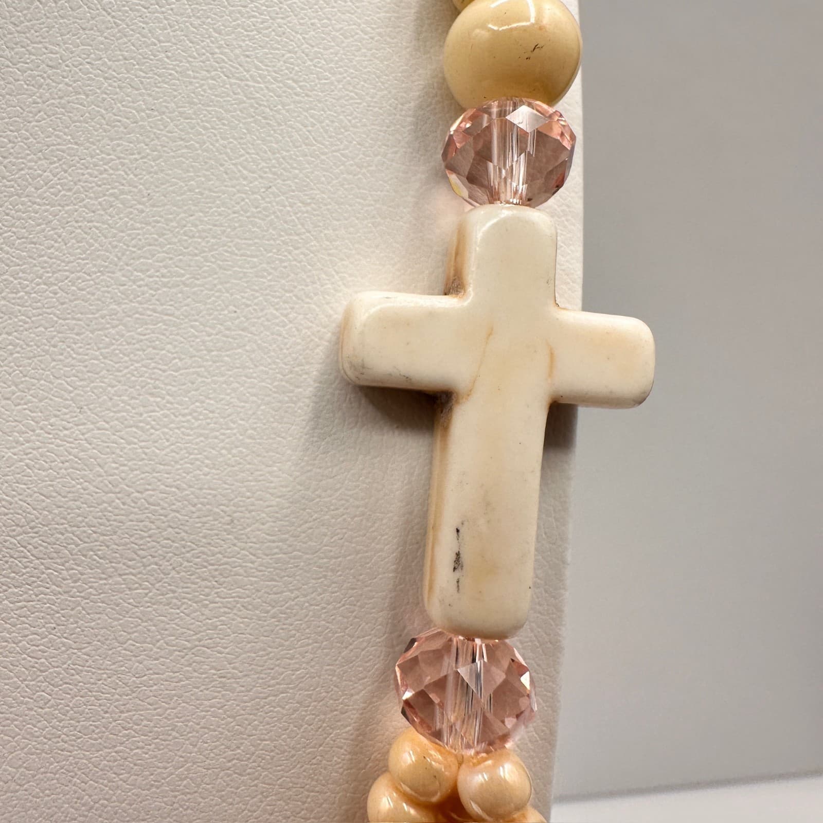 Vintage 90s Multi-Strand Necklace Paper Beads Cream Cross Religious Boho Jewelry - Thumbnail 8