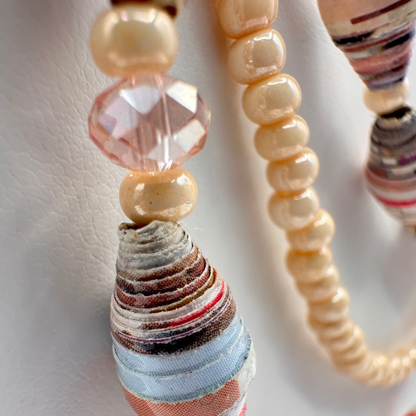 Vintage 90s Multi-Strand Necklace Paper Beads Cream Cross Religious Boho Jewelry - Thumbnail 7