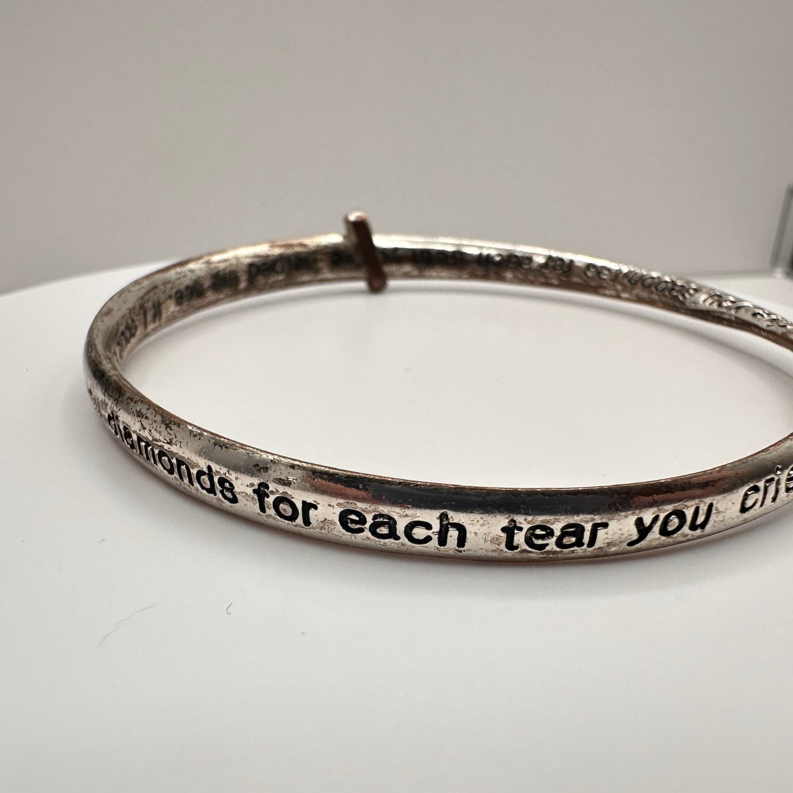 Vintage Silver Tone Bangle Bracelet Diamonds Pearls Inspirational Quote Jewelry - Thumbnail 2