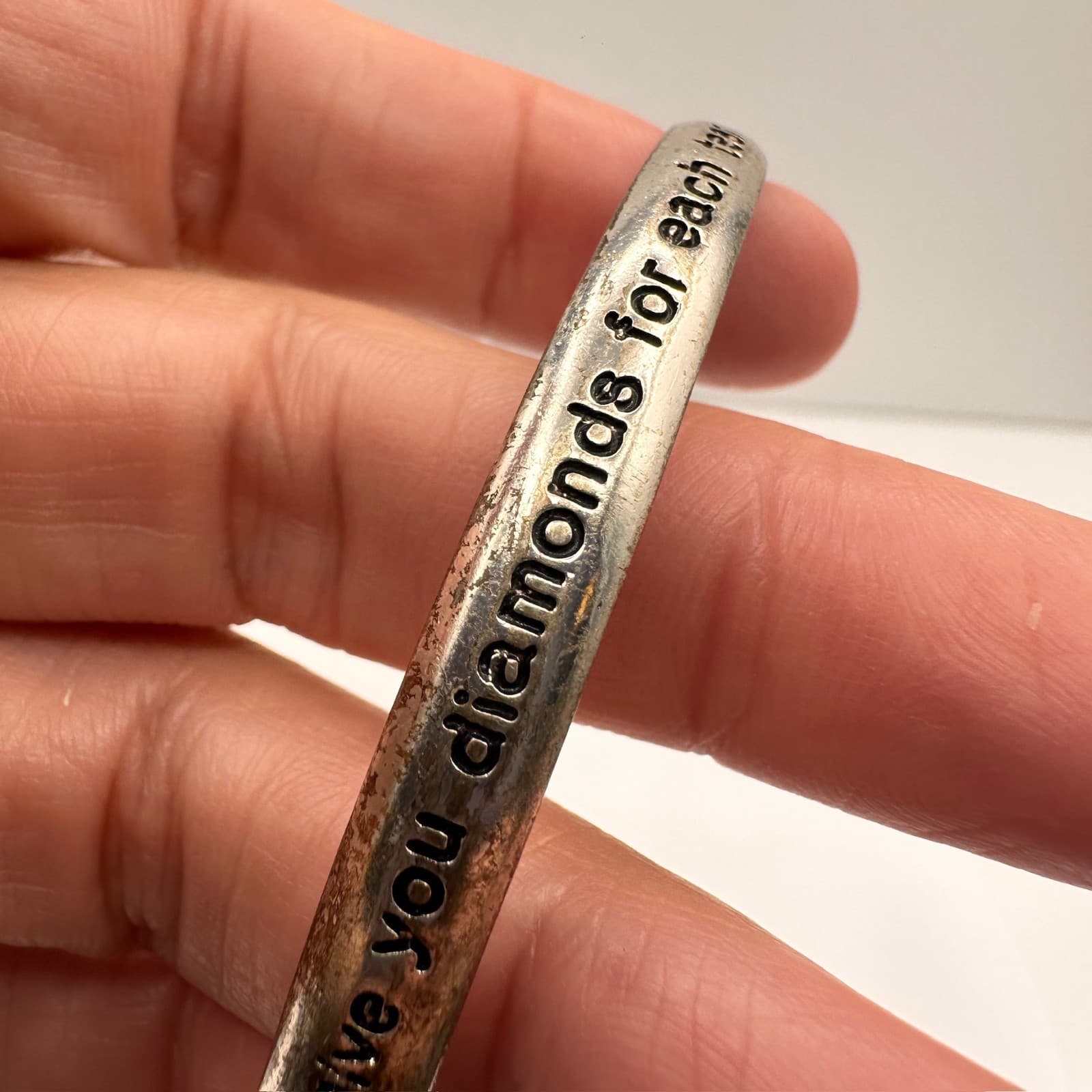 Vintage Silver Tone Bangle Bracelet Diamonds Pearls Inspirational Quote Jewelry - Thumbnail 7