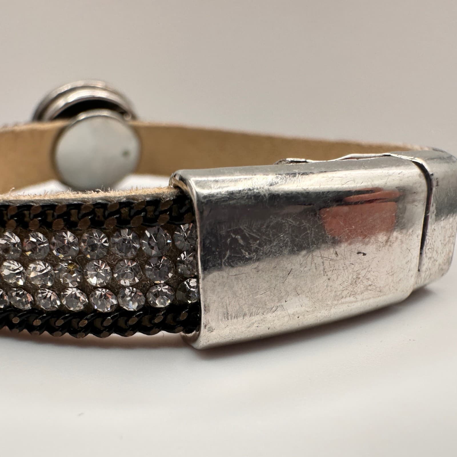 Vintage 90s Silver Tone Crystal Leather Bracelet Round Cabochon Statement - Thumbnail 7
