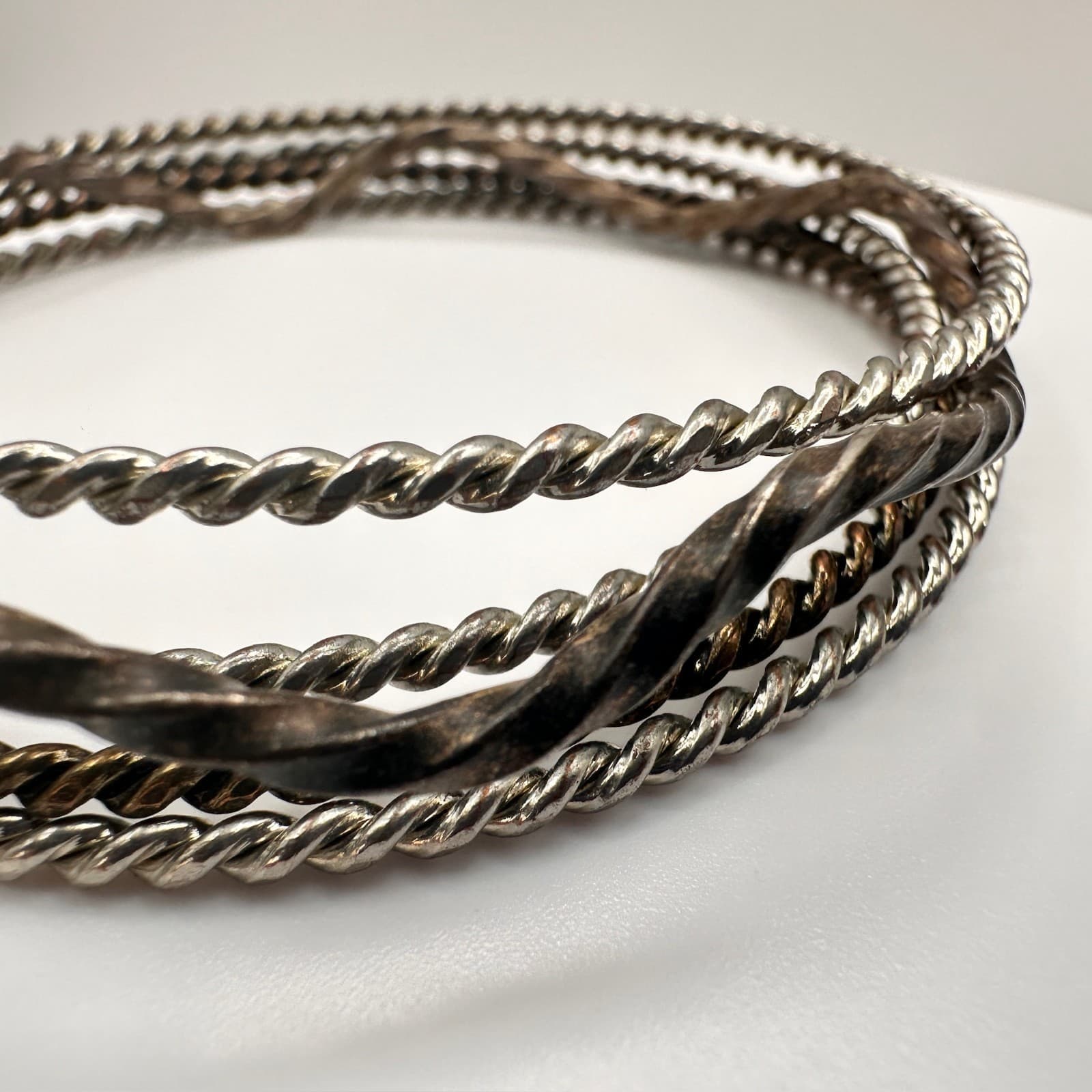 Vintage 80s Boohoo Stackable Twisted Metal Bangles Set Of 3 Bohemian Jewelry - Thumbnail 6