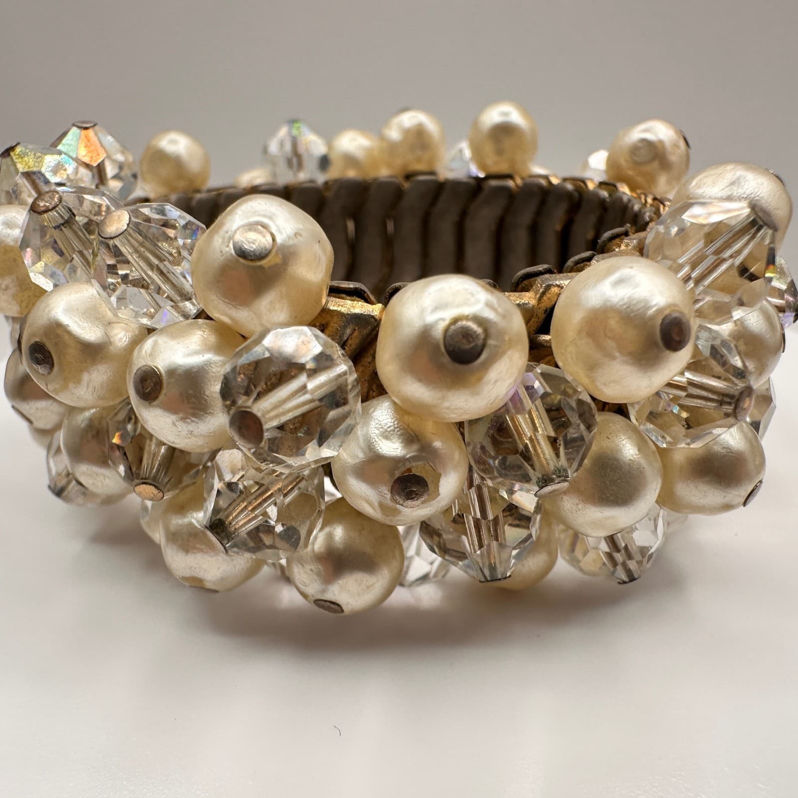 Vintage 90s Faux Pearl AB Crystal Expansion Bracelet Stretch Statement Jewelry - Thumbnail 3