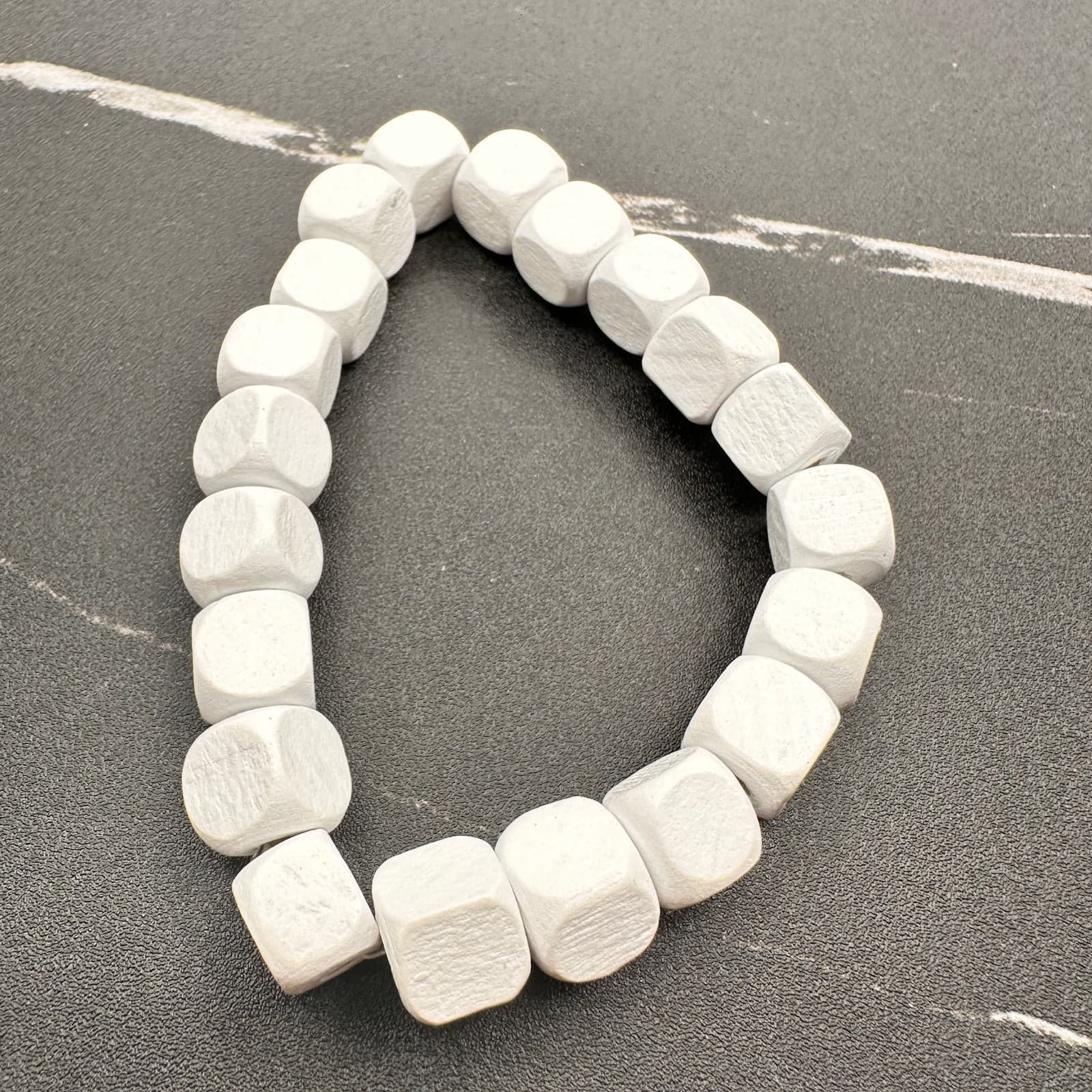 Vintage 90s White Wooden Cube Bead Stretch Bracelet Boho Statement Jewelry - Image 1