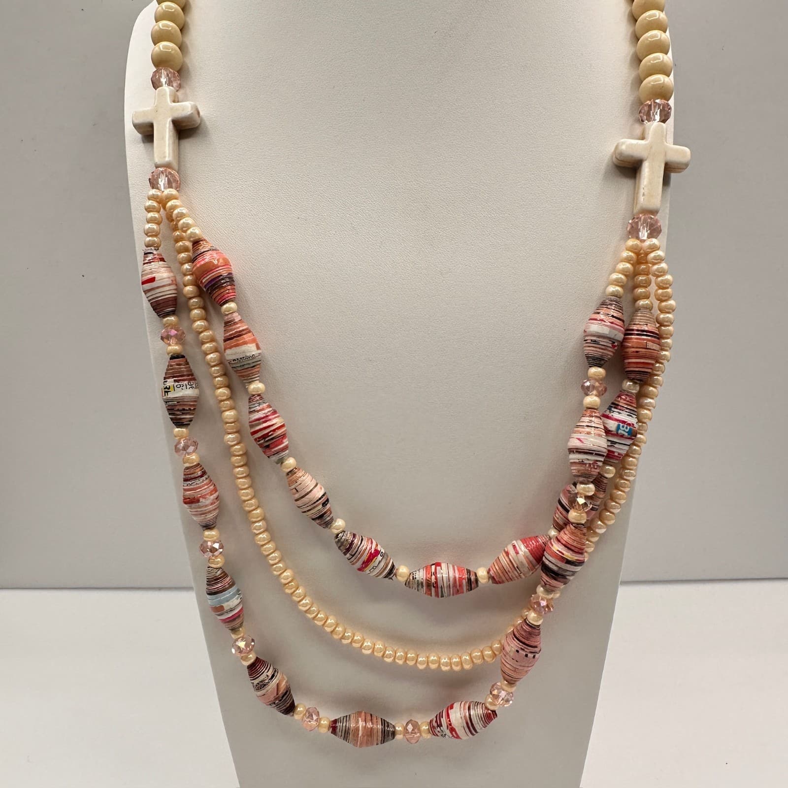 Vintage 90s Multi-Strand Necklace Paper Beads Cream Cross Religious Boho Jewelry - Image 1