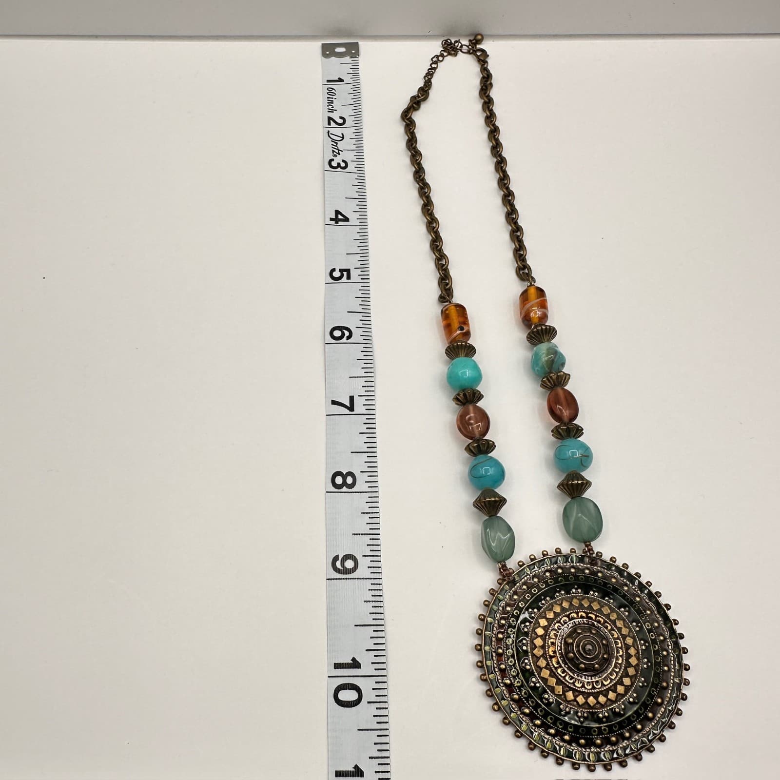 Vintage 80s Bohemian Statement Necklace Large Bronze & Turquoise Beads Jewelry - Thumbnail 12