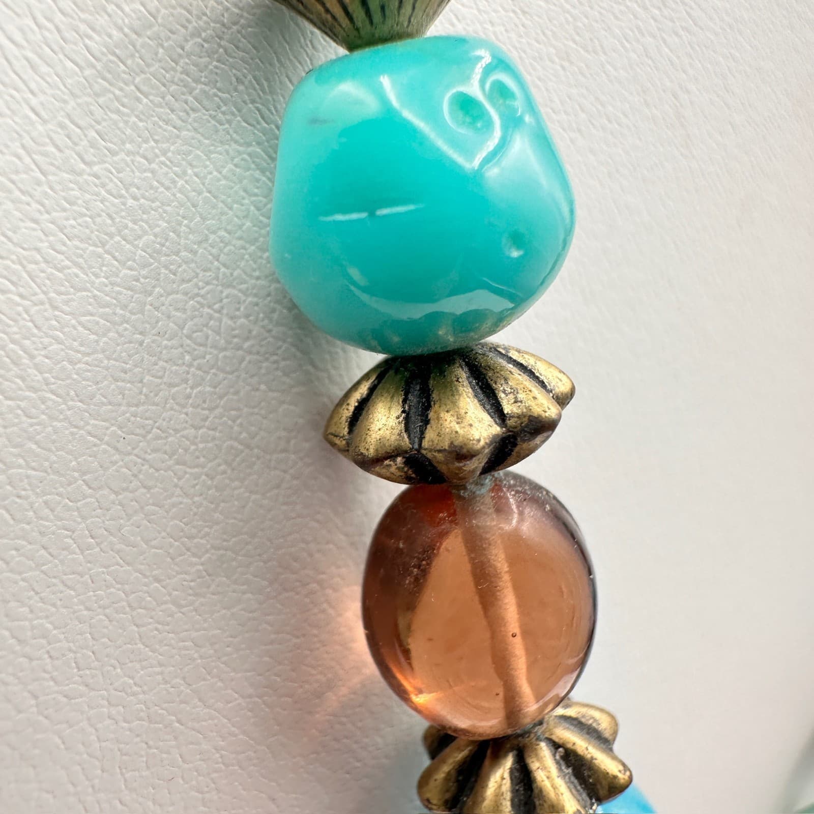 Vintage 80s Bohemian Statement Necklace Large Bronze & Turquoise Beads Jewelry - Thumbnail 5