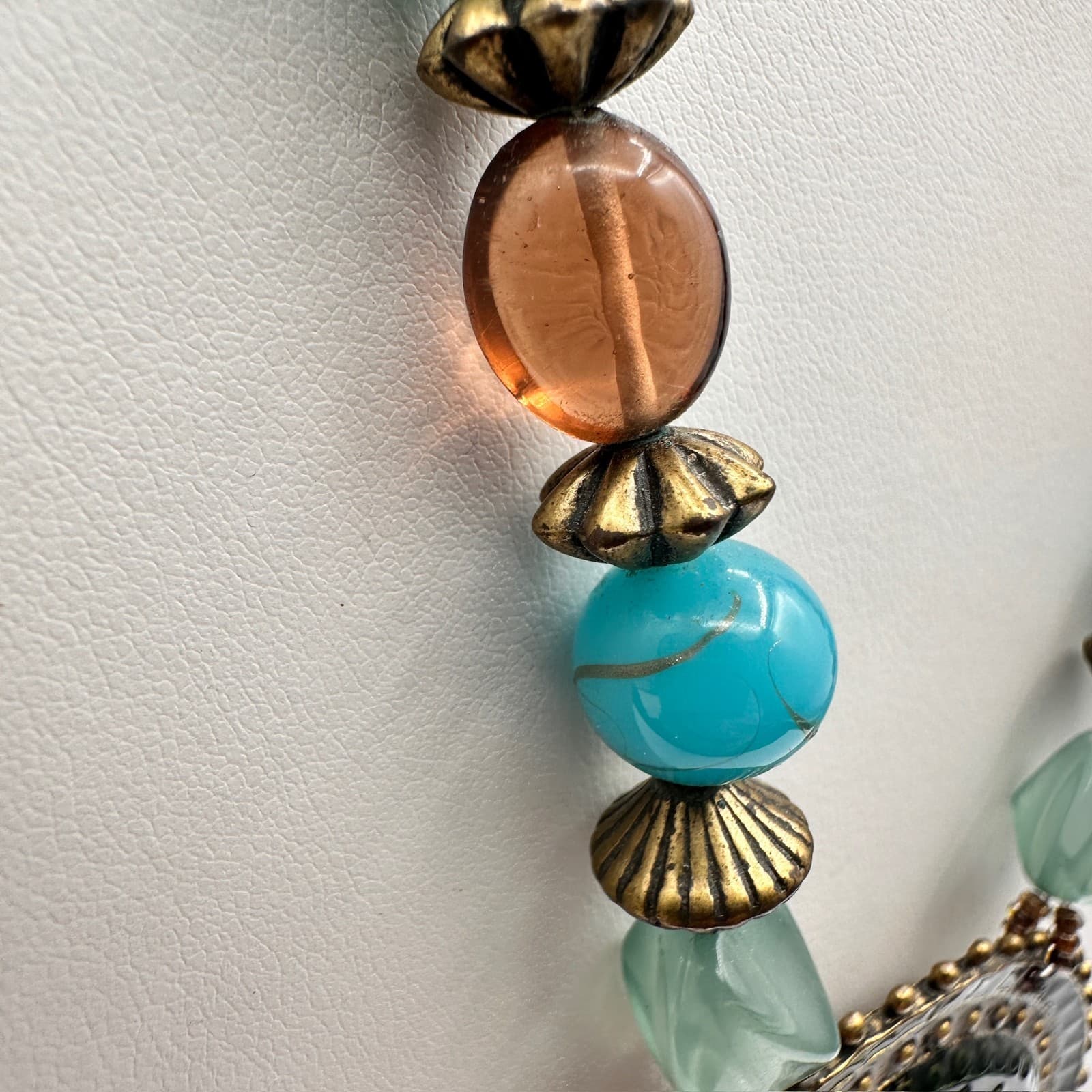 Vintage 80s Bohemian Statement Necklace Large Bronze & Turquoise Beads Jewelry - Thumbnail 4