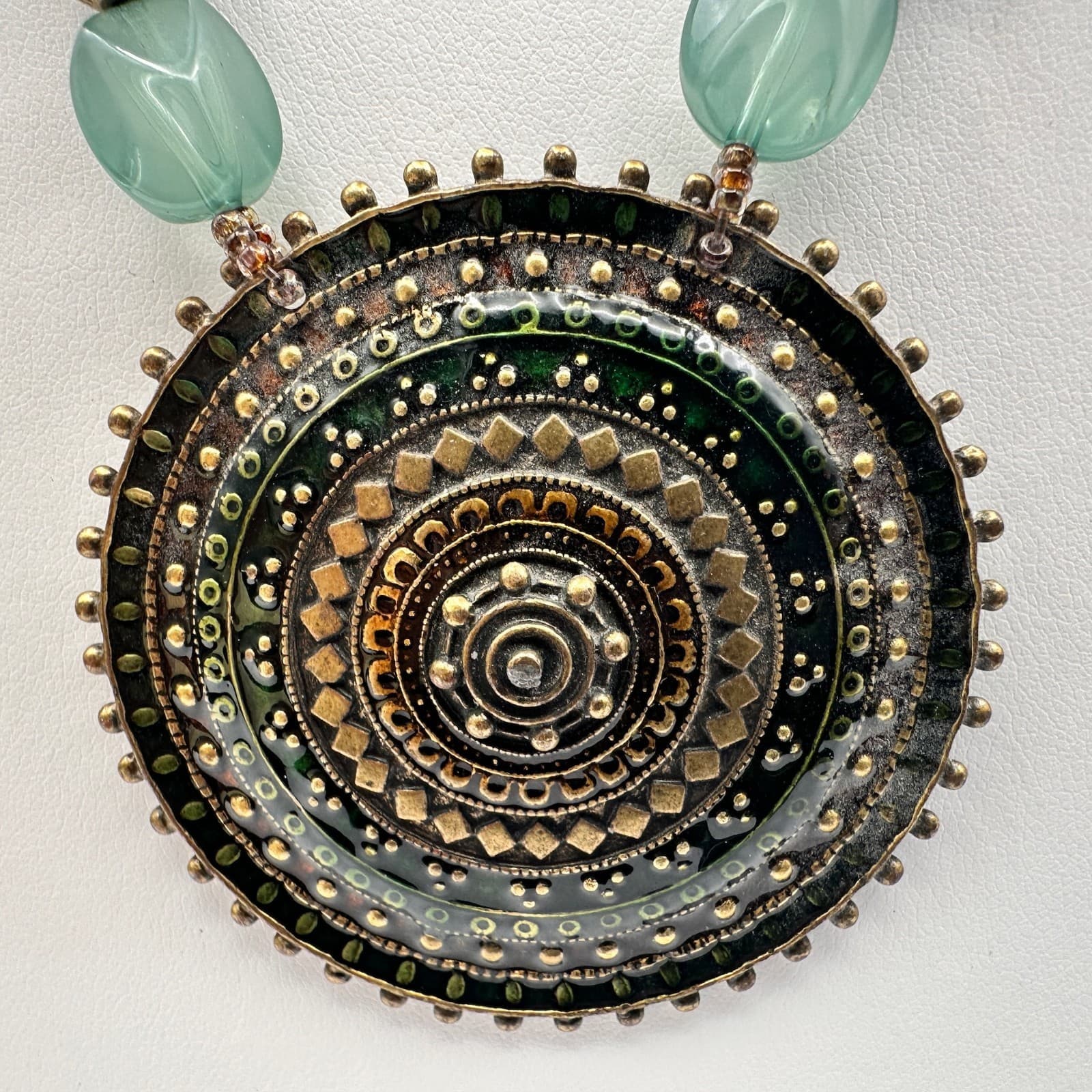 Vintage 80s Bohemian Statement Necklace Large Bronze & Turquoise Beads Jewelry - Thumbnail 9