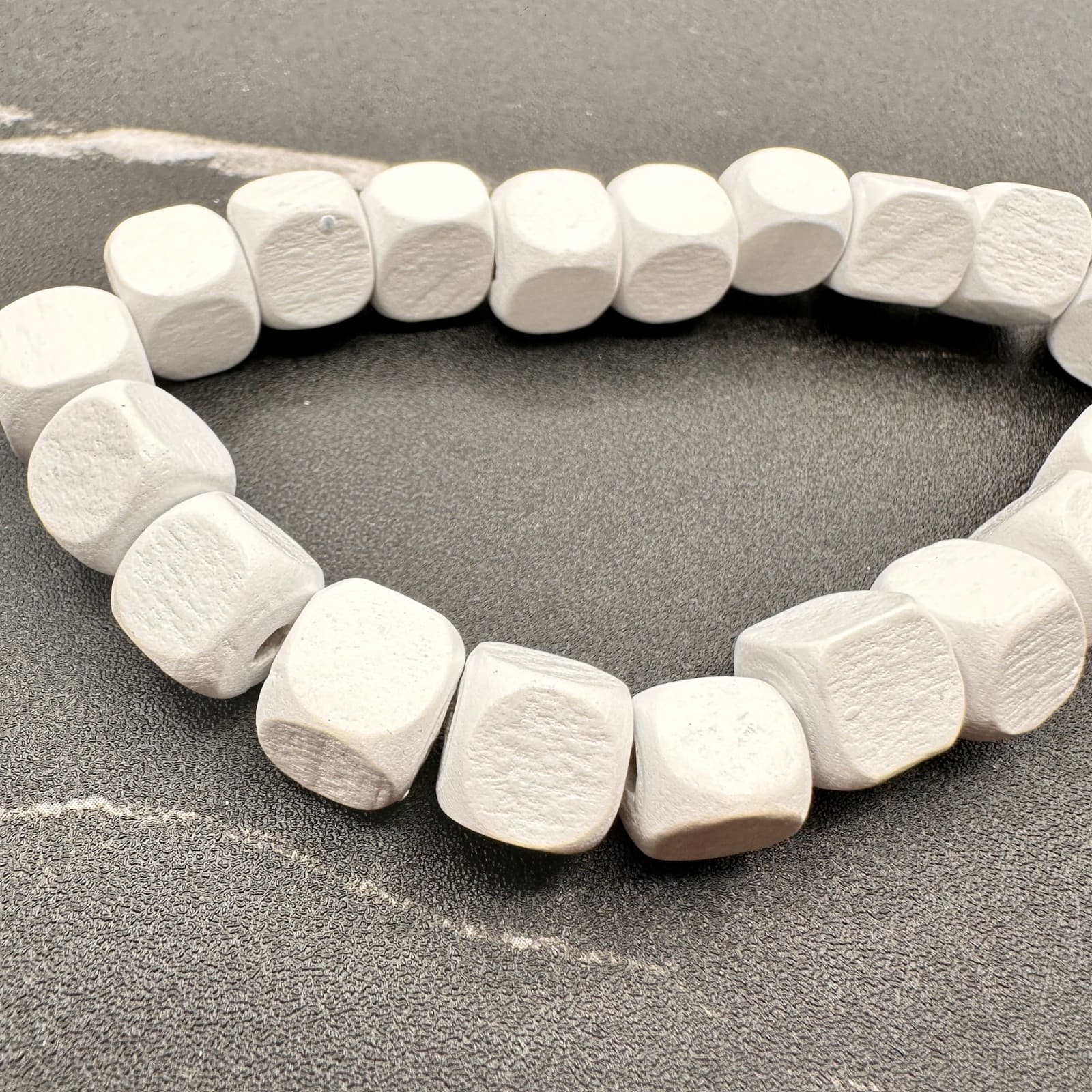 Vintage 90s White Wooden Cube Bead Stretch Bracelet Boho Statement Jewelry - Thumbnail 2