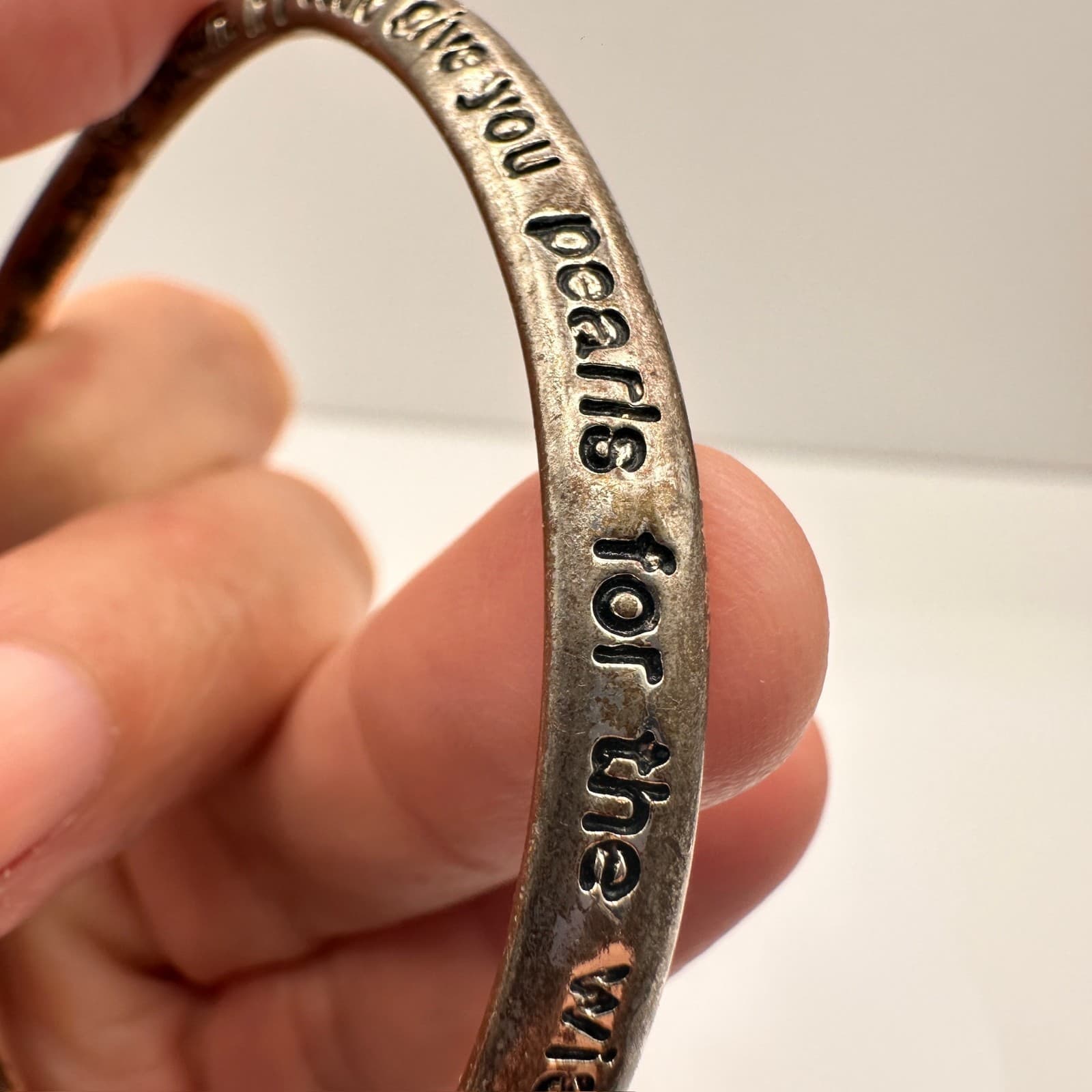 Vintage Silver Tone Bangle Bracelet Diamonds Pearls Inspirational Quote Jewelry - Thumbnail 8