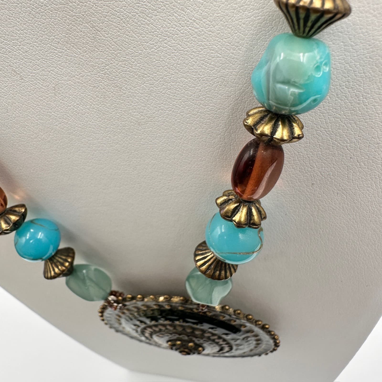 Vintage 80s Bohemian Statement Necklace Large Bronze & Turquoise Beads Jewelry - Thumbnail 8