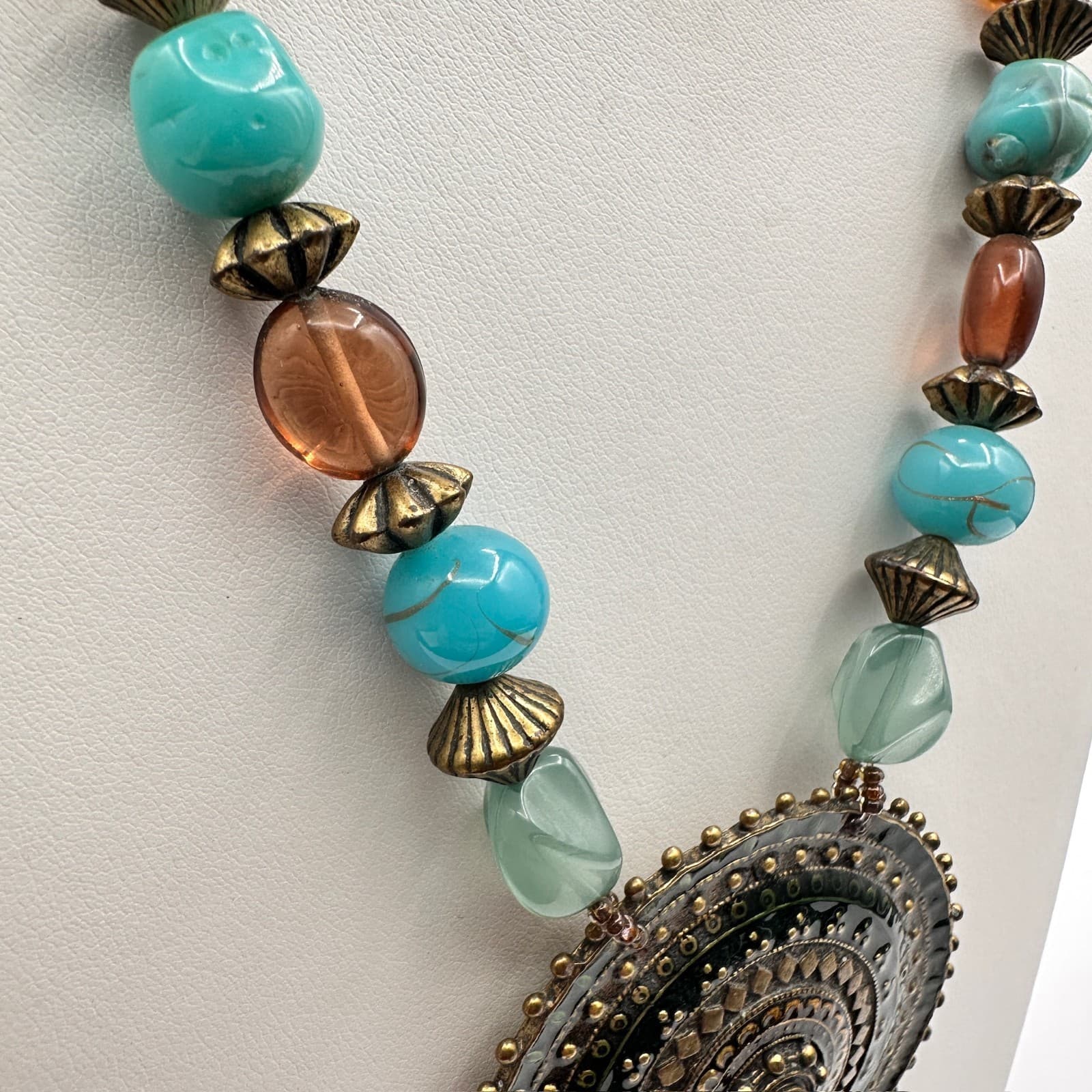 Vintage 80s Bohemian Statement Necklace Large Bronze & Turquoise Beads Jewelry - Thumbnail 3