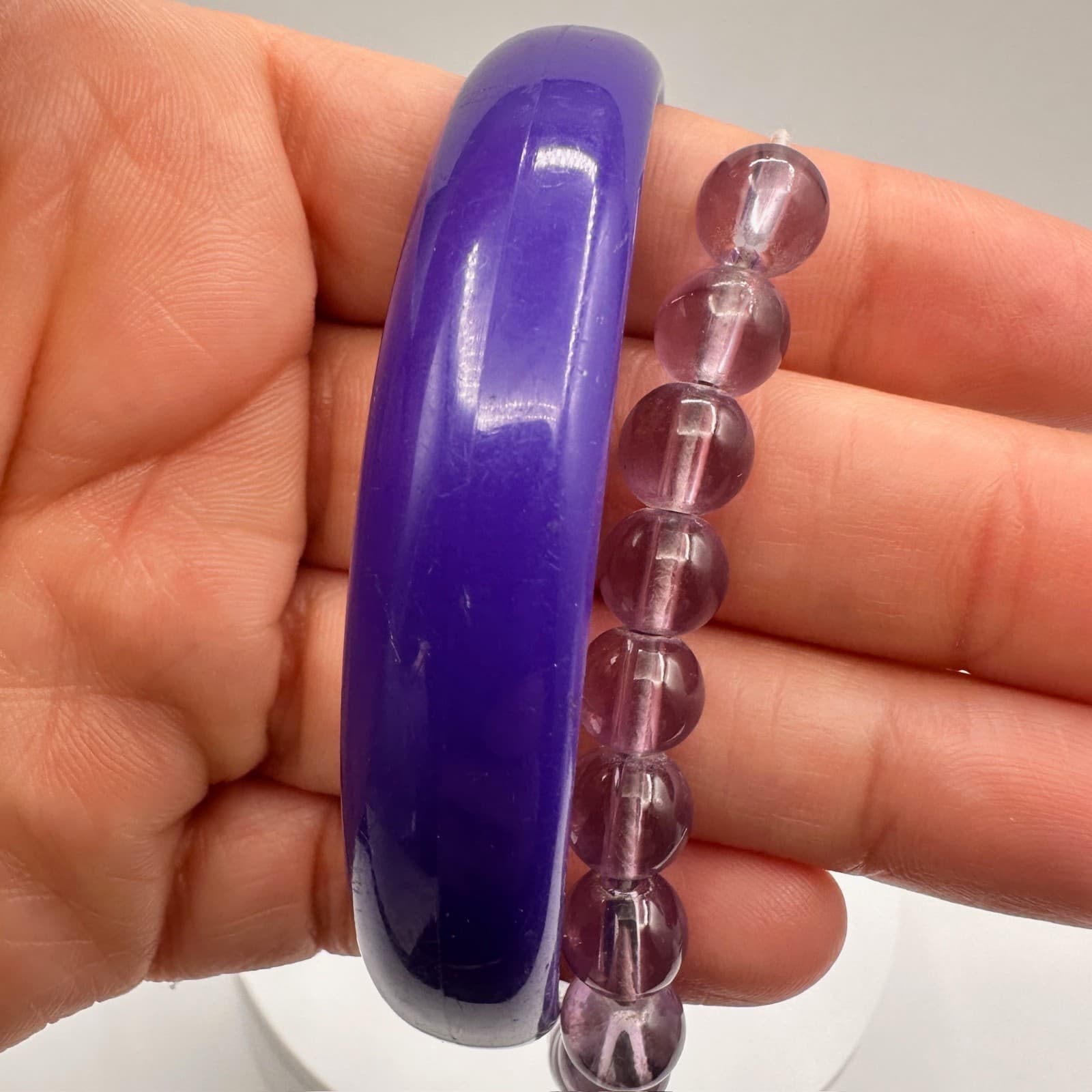 Vintage 90s Natural Bead Bracelet & Purple Lucite Bangle Set Women's Jewelry - Thumbnail 11