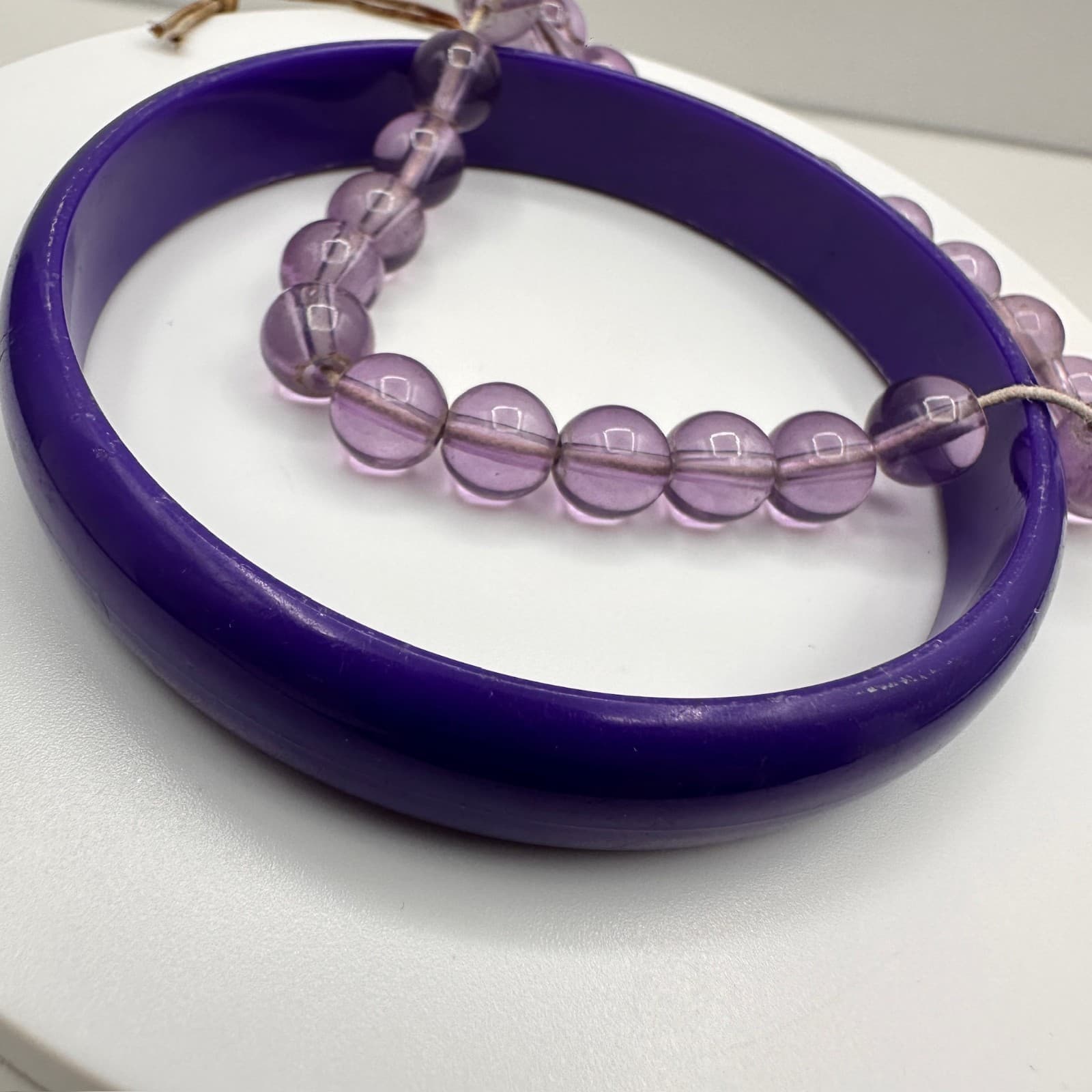 Vintage 90s Natural Bead Bracelet & Purple Lucite Bangle Set Women's Jewelry - Thumbnail 2