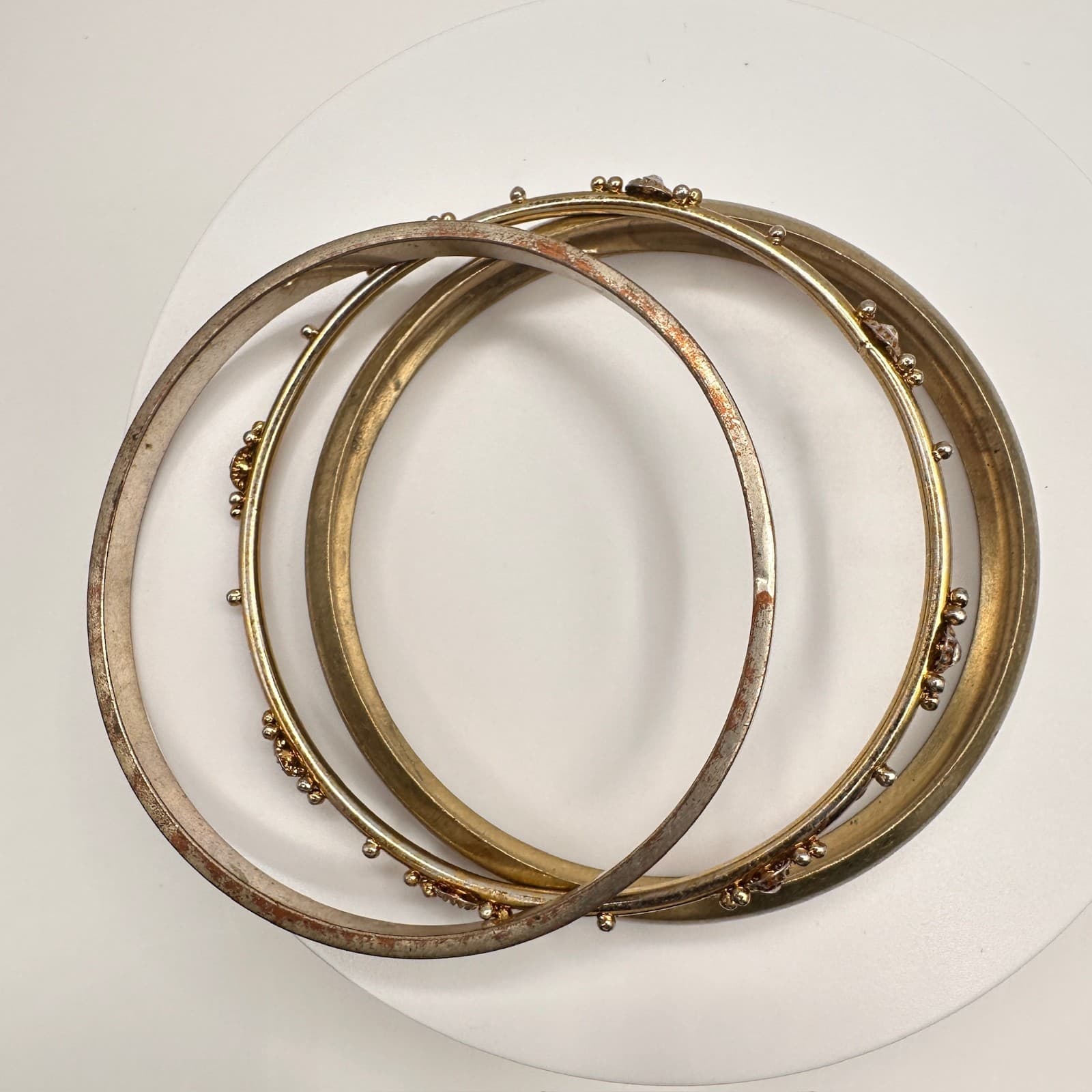Vintage 90s Gold Silver Tone Bangle Set of 3 Rhinestone Women's Classic Jewelry - Thumbnail 7