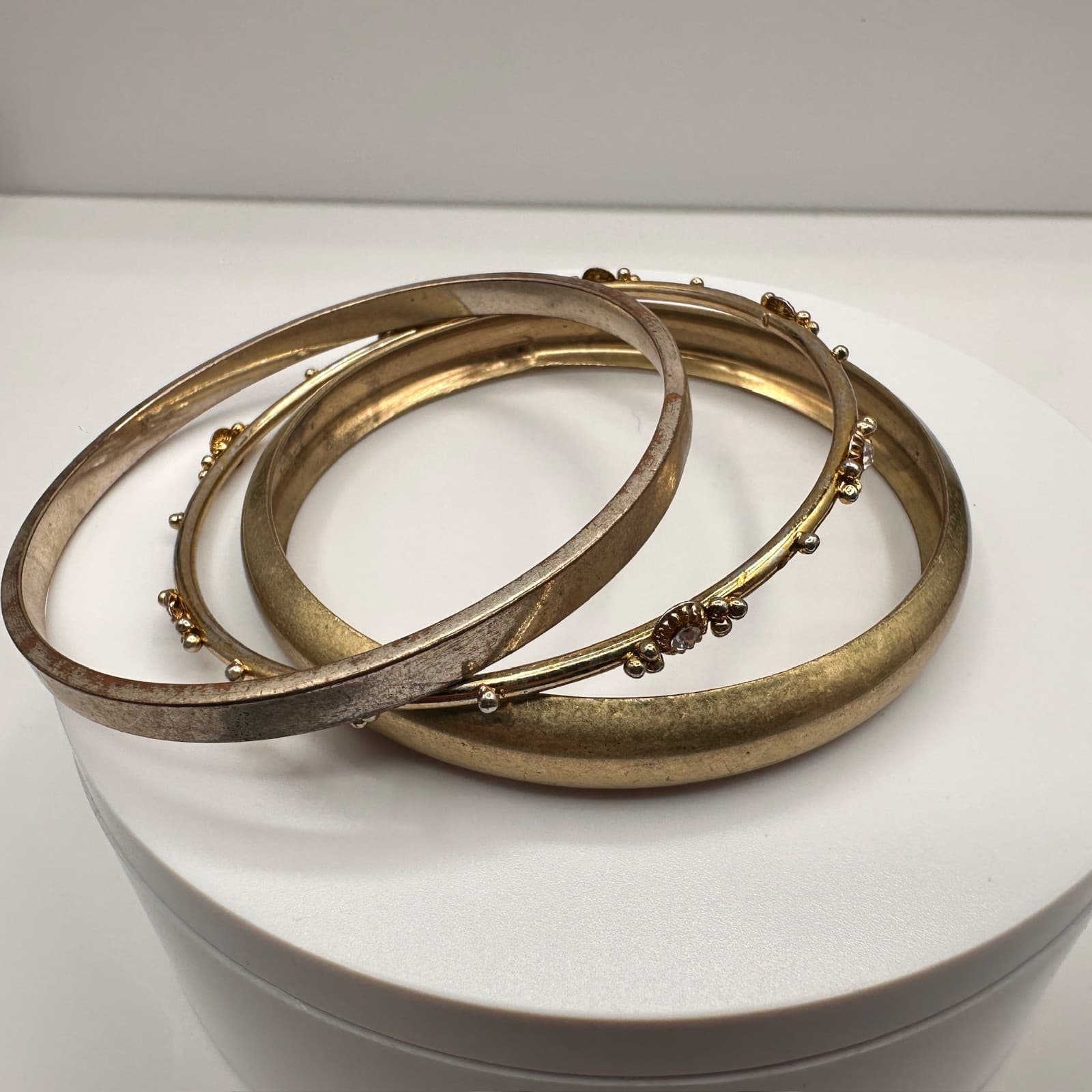 Vintage 90s Gold Silver Tone Bangle Set of 3 Rhinestone Women's Classic Jewelry - Image 1