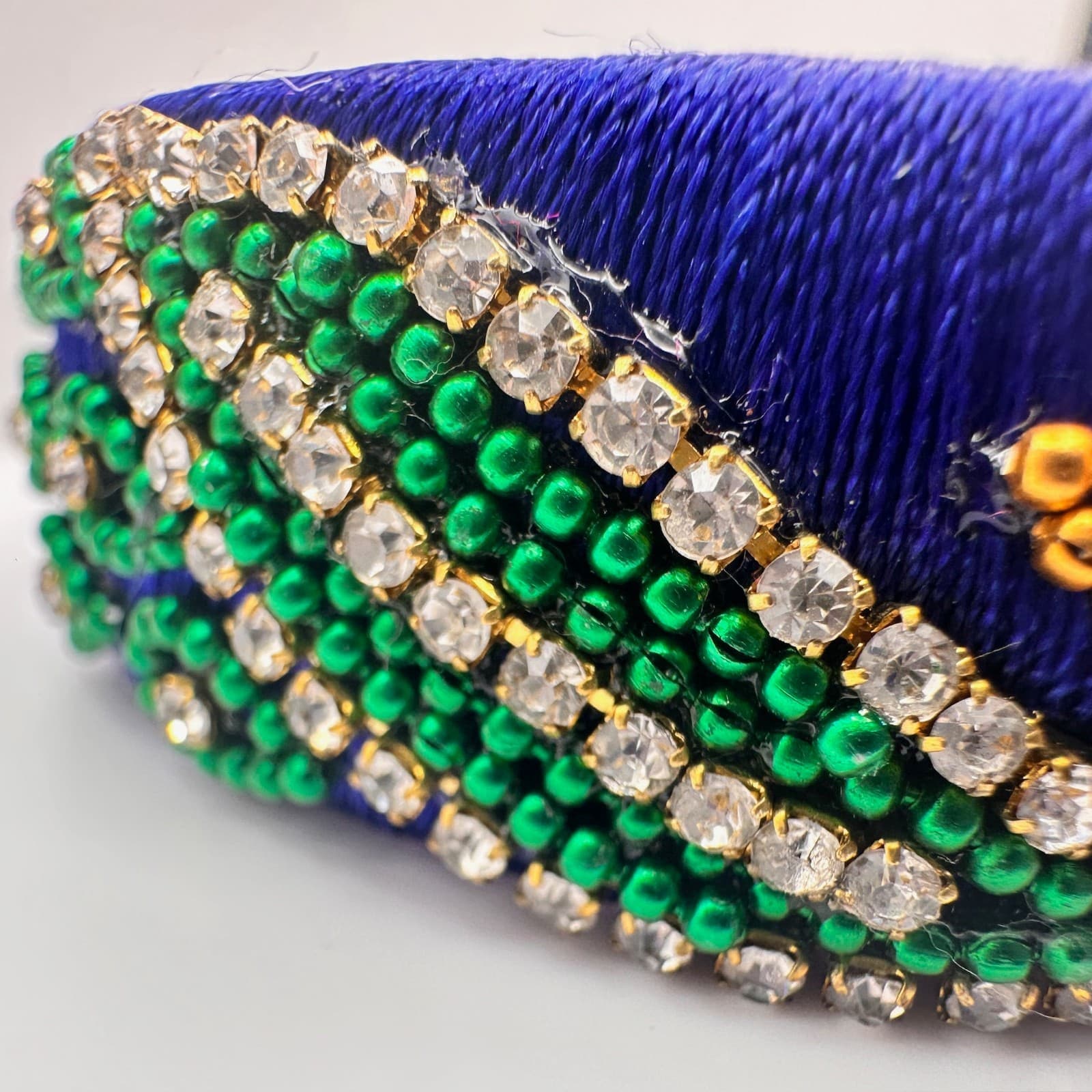 Vintage 90s Silk Thread Bangle Royal Blue Rhinestone Bracelet Bead Peacock Motif - Thumbnail 5