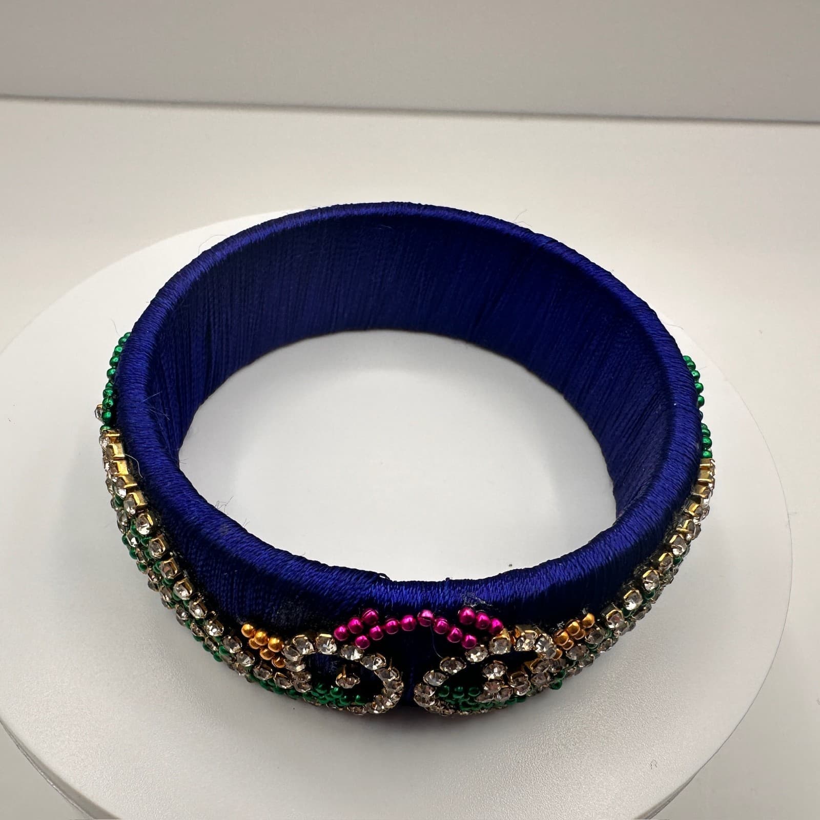Vintage 90s Silk Thread Bangle Royal Blue Rhinestone Bracelet Bead Peacock Motif - Thumbnail 3