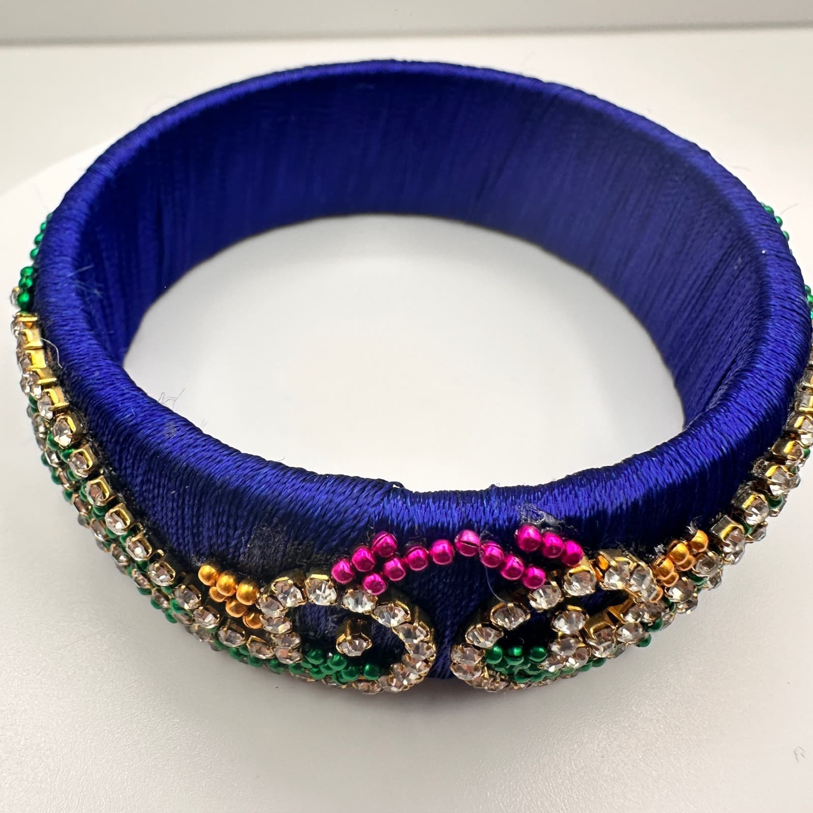 Vintage 90s Silk Thread Bangle Royal Blue Rhinestone Bracelet Bead Peacock Motif - Thumbnail 9