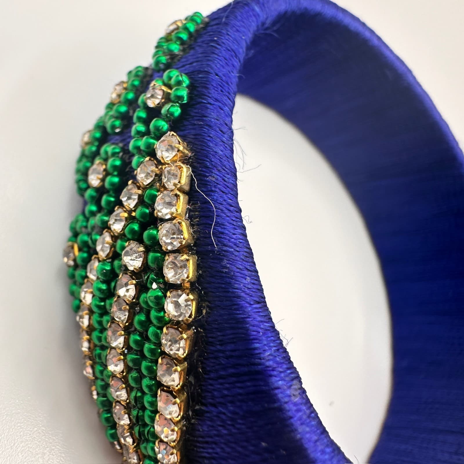 Vintage 90s Silk Thread Bangle Royal Blue Rhinestone Bracelet Bead Peacock Motif - Thumbnail 10