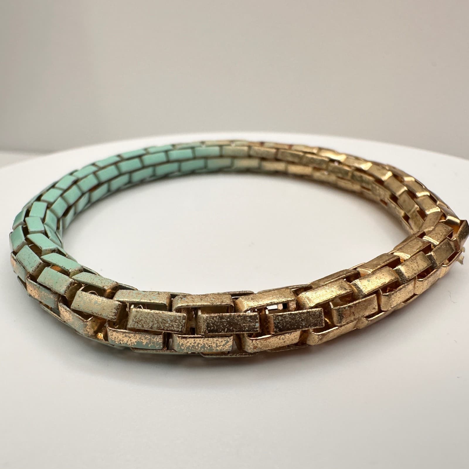 Vintage Y2K Teal Gold Two-Tone Enamel Link Bracelet Chunky Statement Jewelry - Thumbnail 4