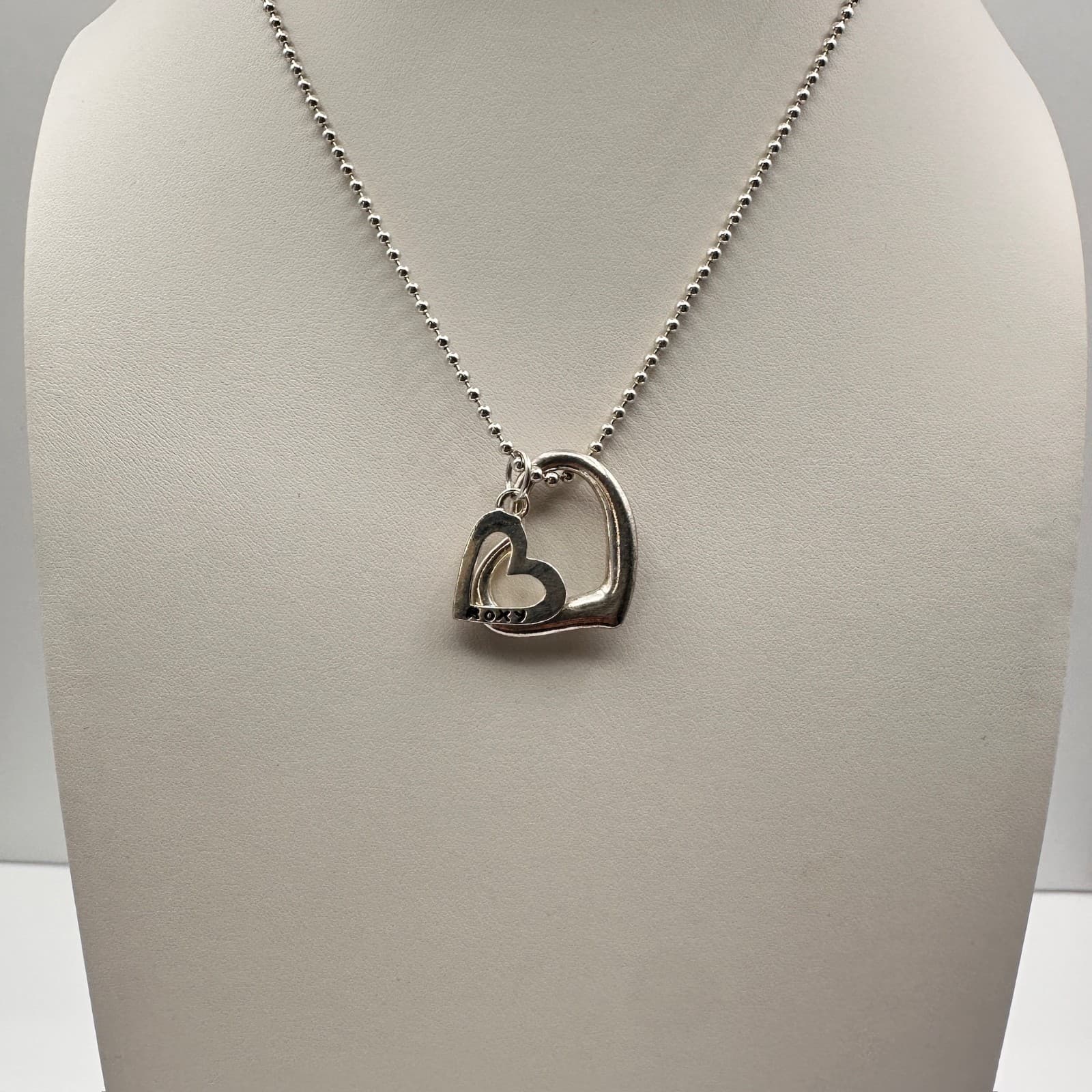 Vintage 90s Silver Tone Entwined Hearts Pendant Ball Chain Necklace Jewelry - Image 1