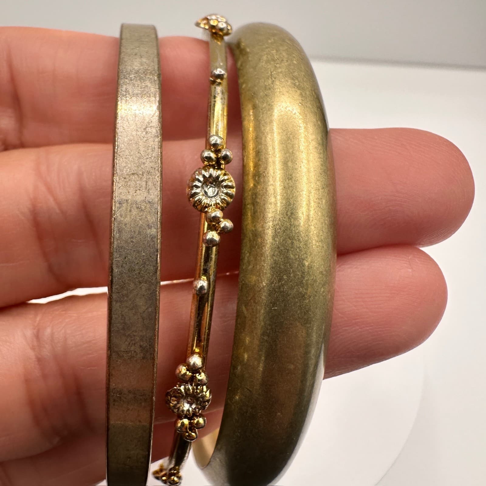 Vintage 90s Gold Silver Tone Bangle Set of 3 Rhinestone Women's Classic Jewelry - Thumbnail 8