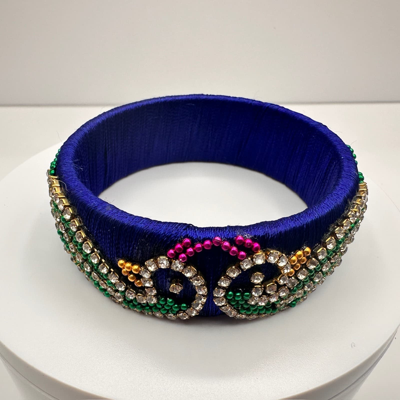Vintage 90s Silk Thread Bangle Royal Blue Rhinestone Bracelet Bead Peacock Motif - Thumbnail 2