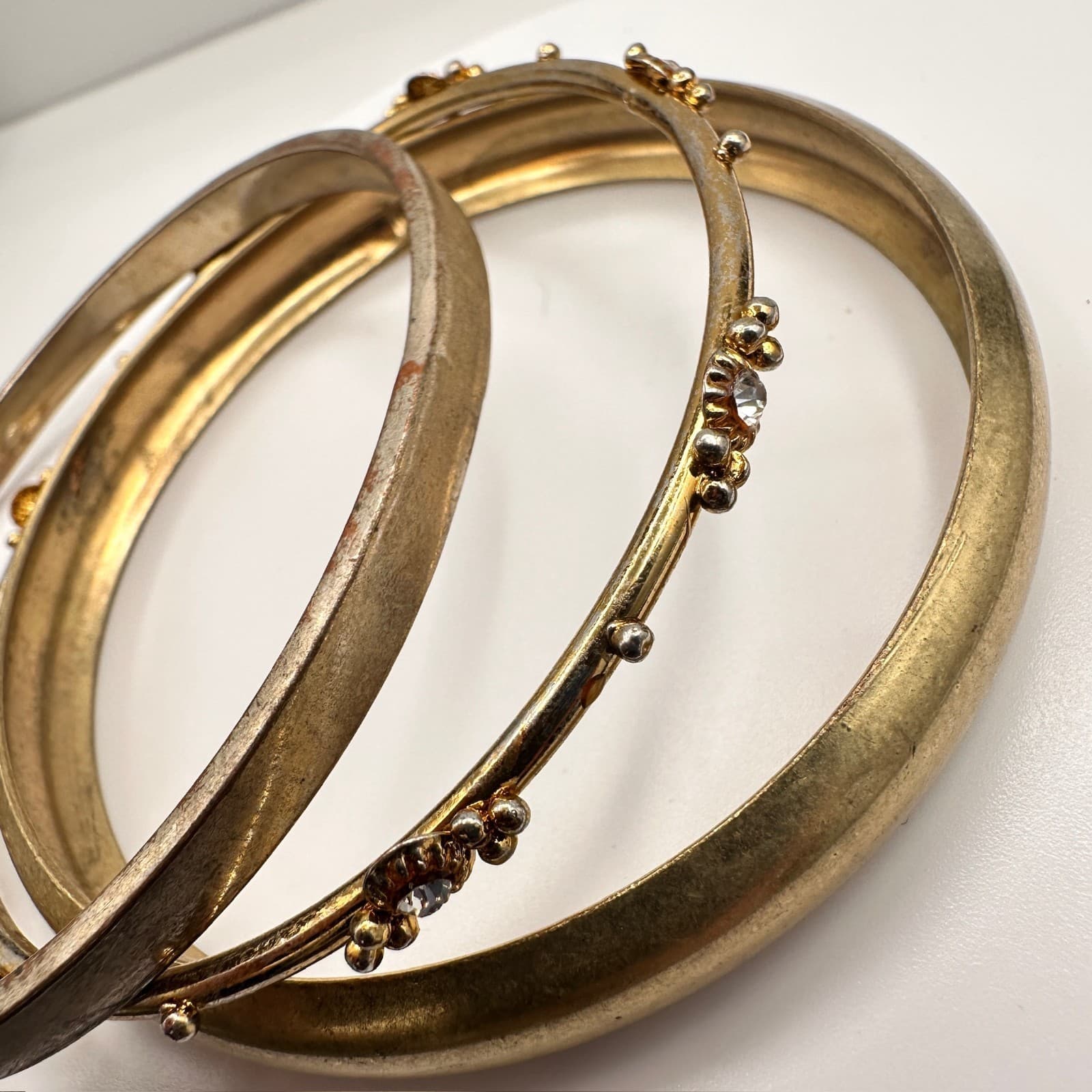 Vintage 90s Gold Silver Tone Bangle Set of 3 Rhinestone Women's Classic Jewelry - Thumbnail 3