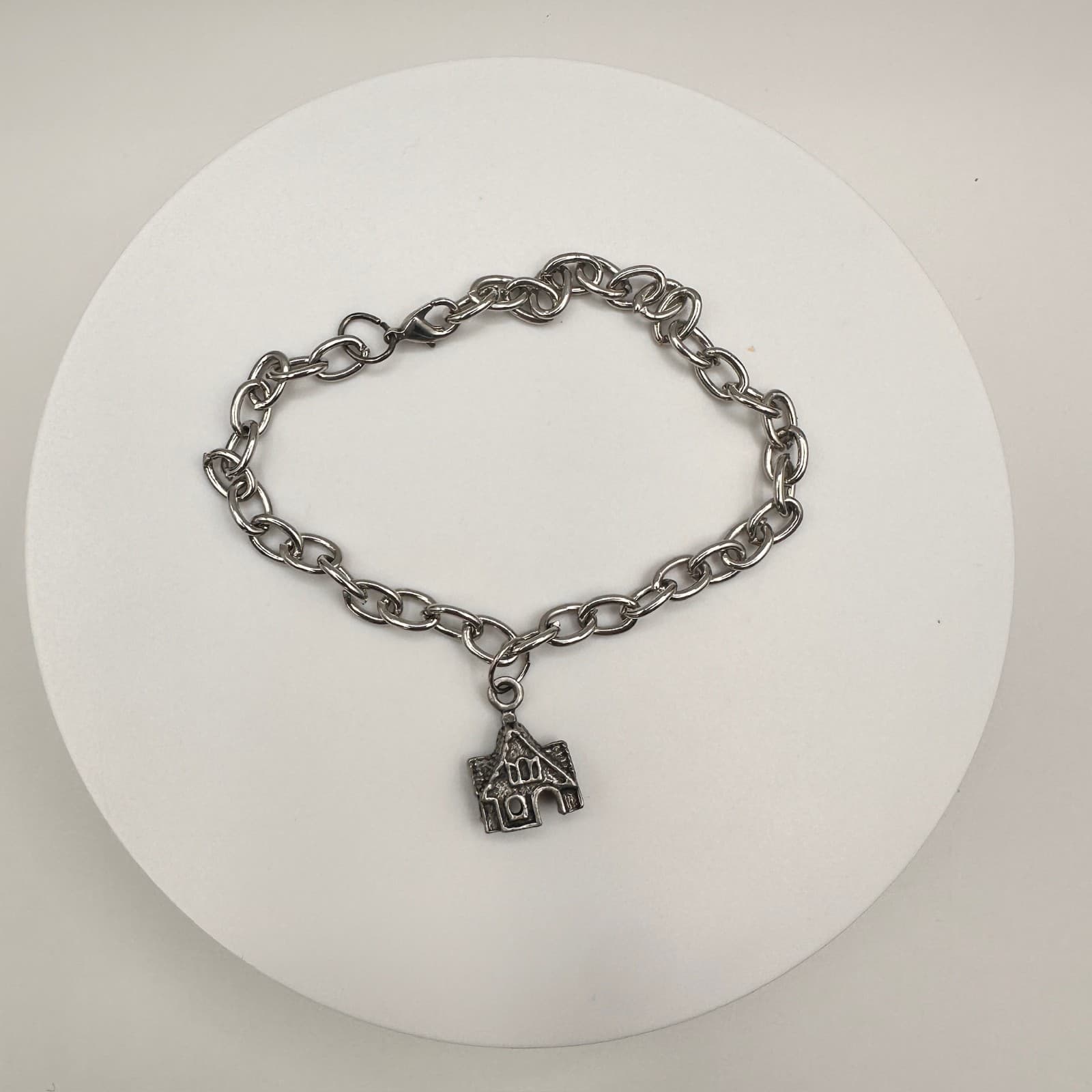 Vintage 80s Silver Tone Statement Church House Charm Bracelet Estate Jewelry - Image 1