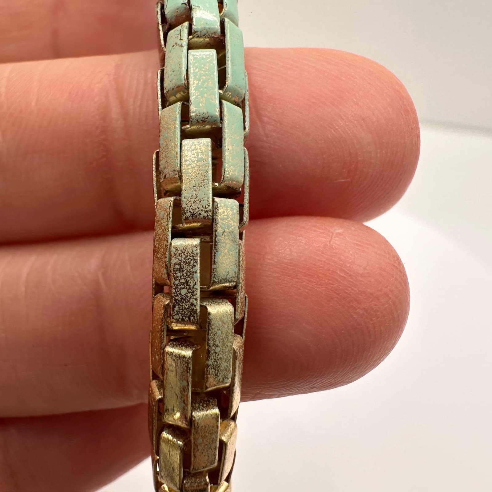 Vintage Y2K Teal Gold Two-Tone Enamel Link Bracelet Chunky Statement Jewelry - Thumbnail 9