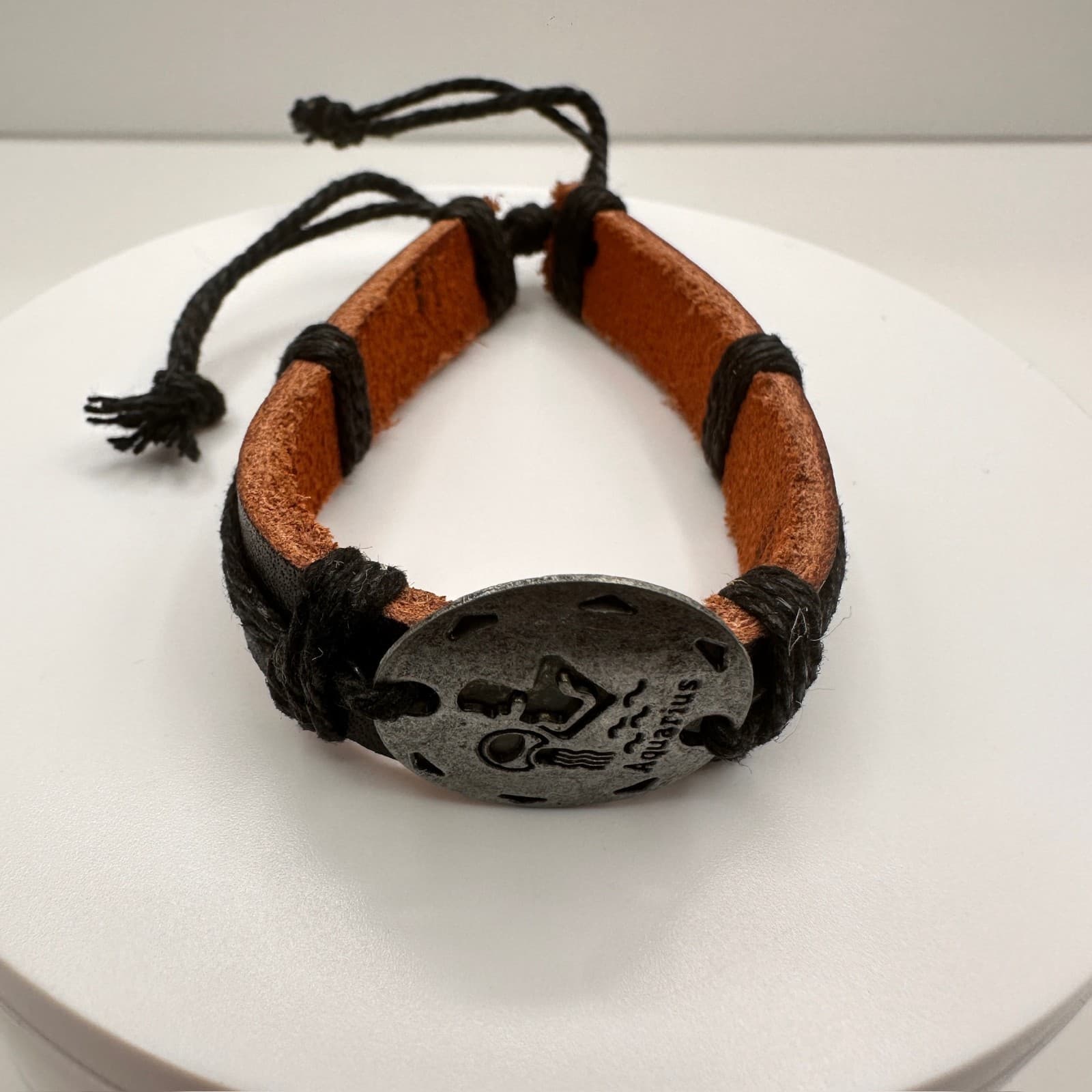 Vintage 90s Aquarius Zodiac Leather Bracelet Black & Brown Adjustable Unisex - Image 1