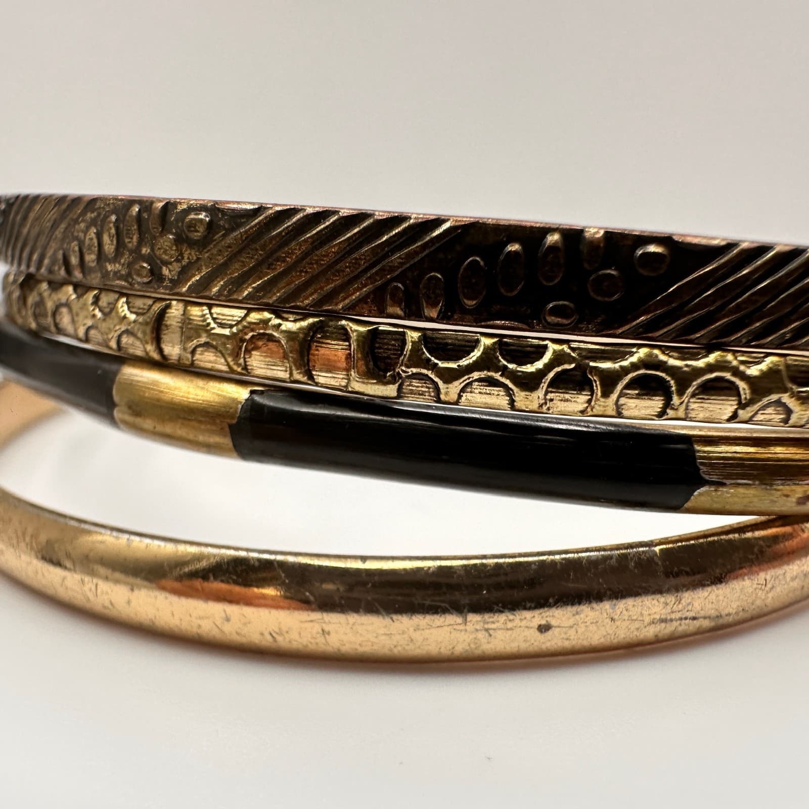 Vintage 80s Mixed Metal Twisted Bangle Bracelets Set Bohemian Boohoo Jewelry - Thumbnail 6