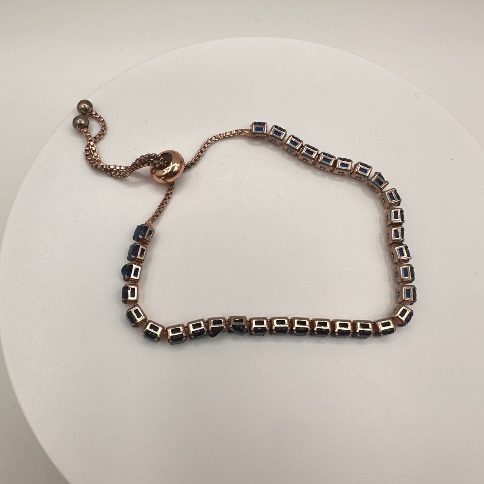 Vintage 90s Y2K Rose Gold Tone Blue Sapphire CZ Bolo Tennis Bracelet Adjustable - Thumbnail 2