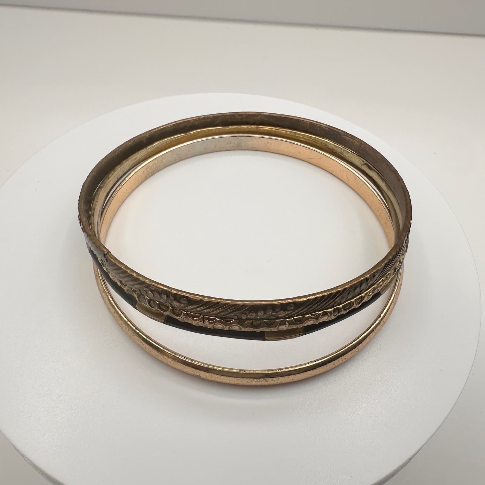 Vintage 80s Mixed Metal Twisted Bangle Bracelets Set Bohemian Boohoo Jewelry - Image 1