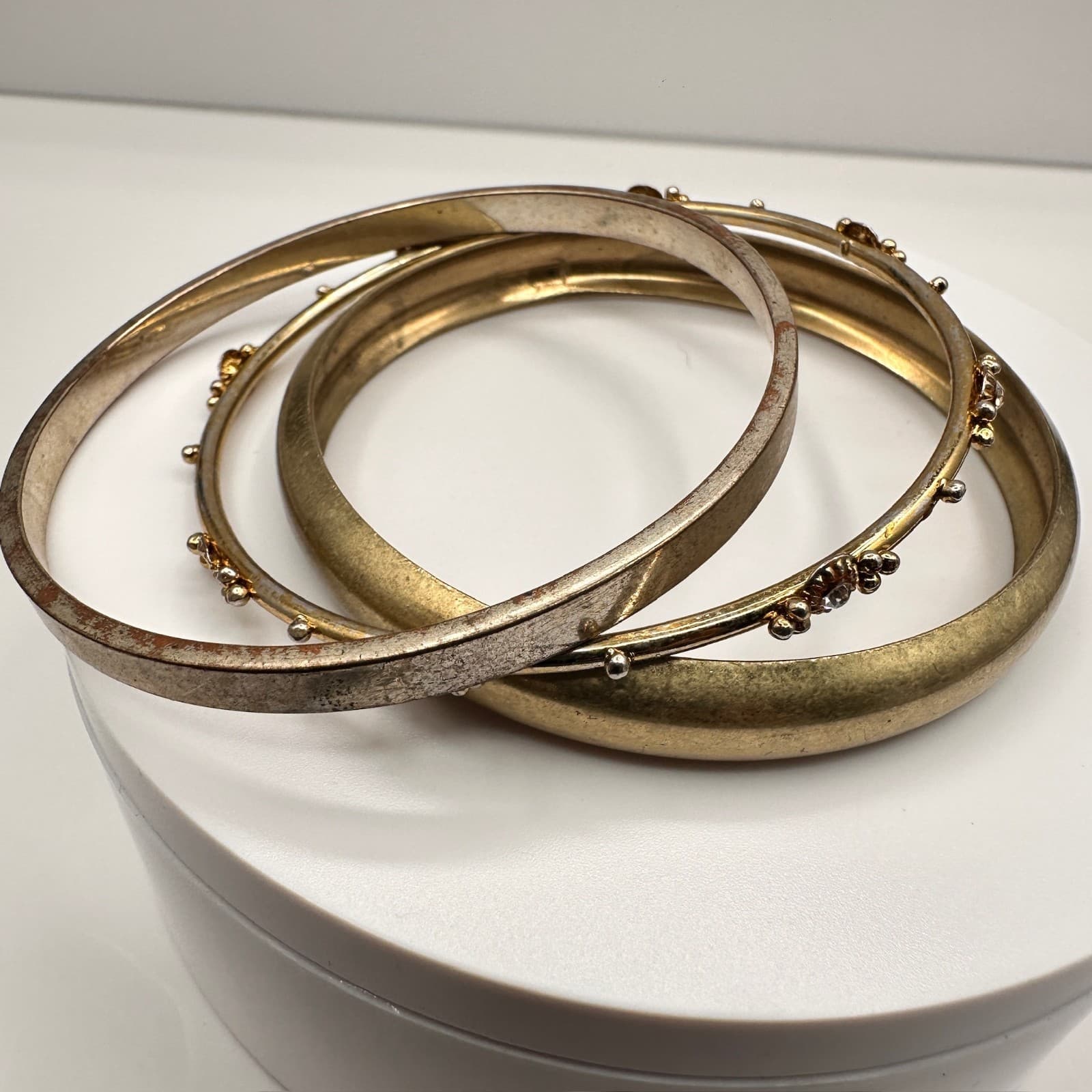 Vintage 90s Gold Silver Tone Bangle Set of 3 Rhinestone Women's Classic Jewelry - Thumbnail 2