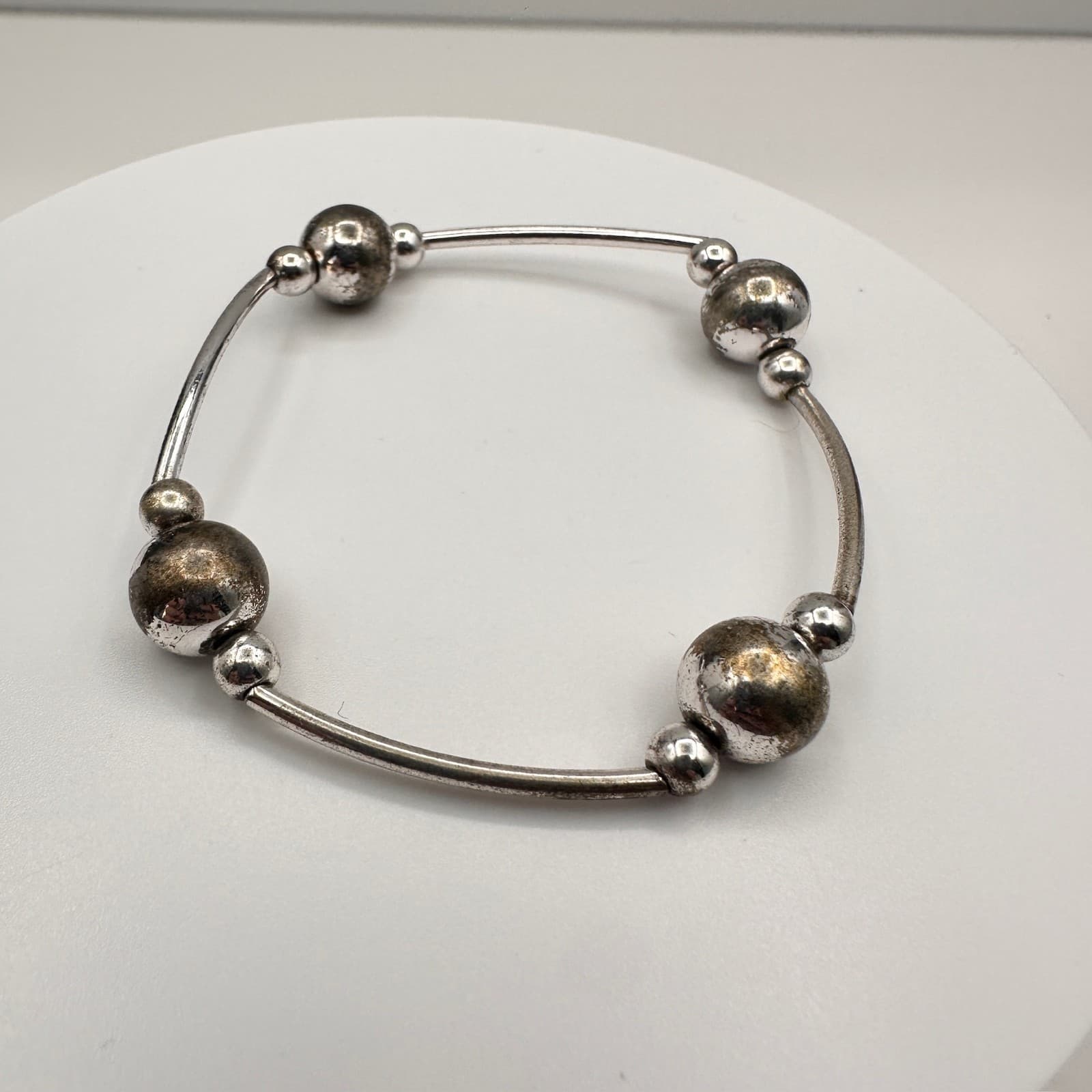 Vintage 60s Silver Tone Beaded Bracelet Boho Statement Women's Jewelry - Image 1