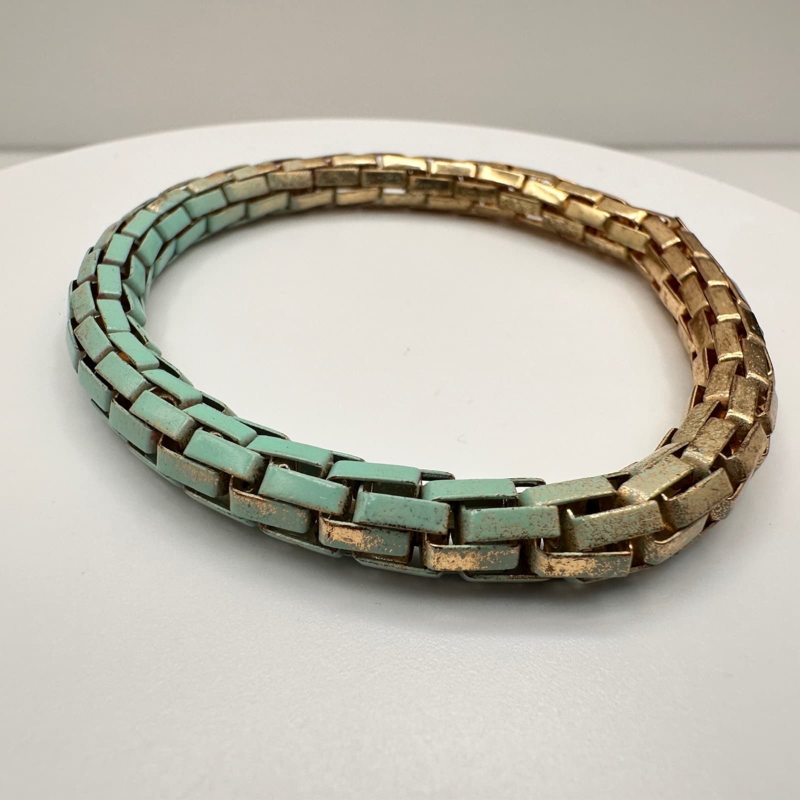 Vintage Y2K Teal Gold Two-Tone Enamel Link Bracelet Chunky Statement Jewelry - Image 1