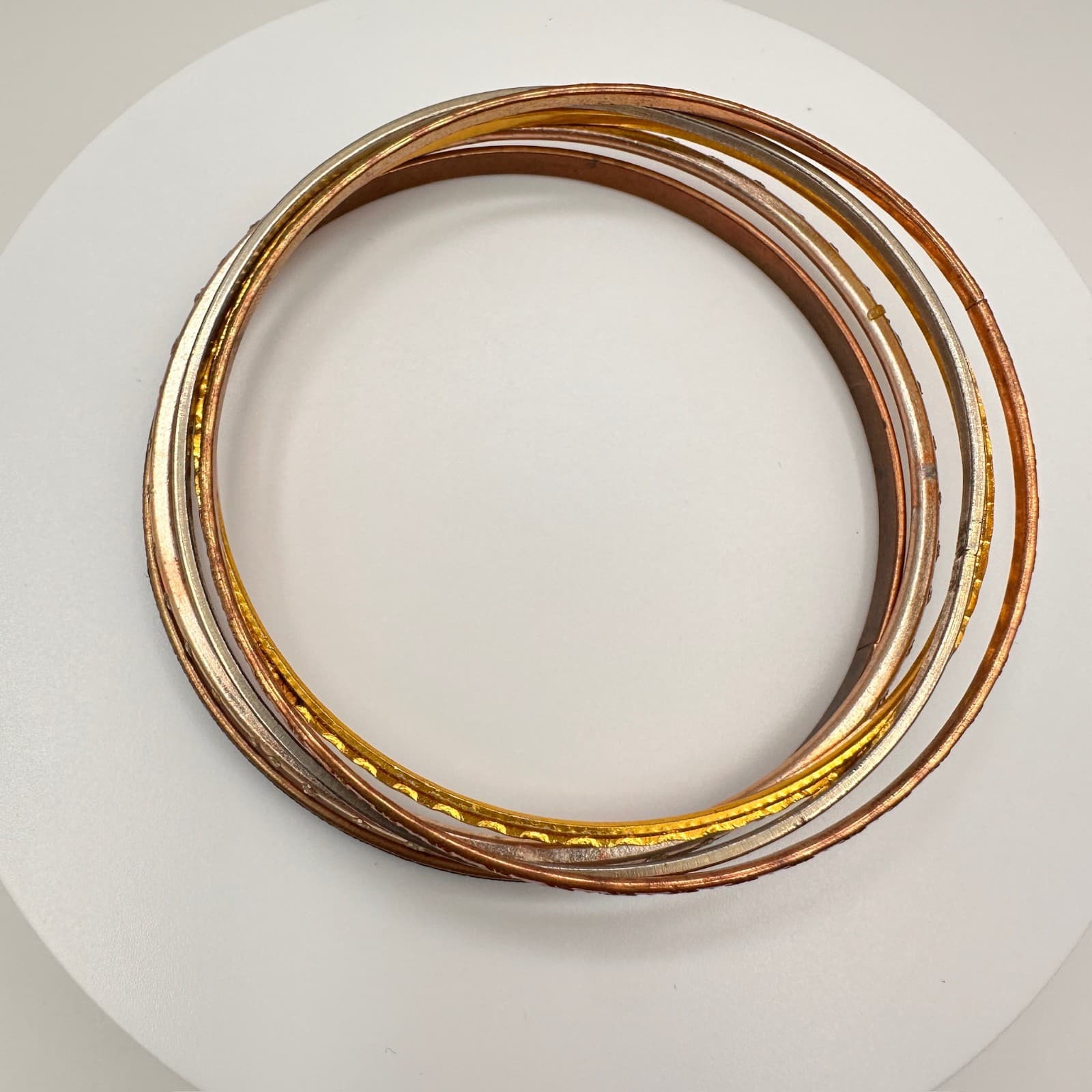 Vintage 80s Mixed Metal Thin Stackable Bangles Set Bracelets Bohemian Jewelry - Thumbnail 2