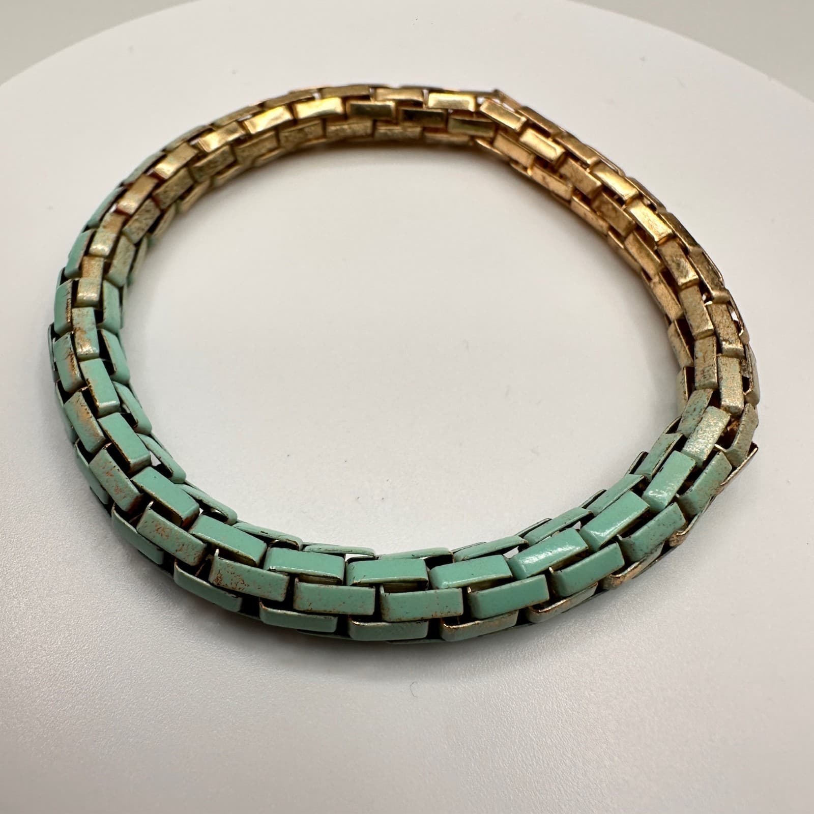 Vintage Y2K Teal Gold Two-Tone Enamel Link Bracelet Chunky Statement Jewelry - Thumbnail 8