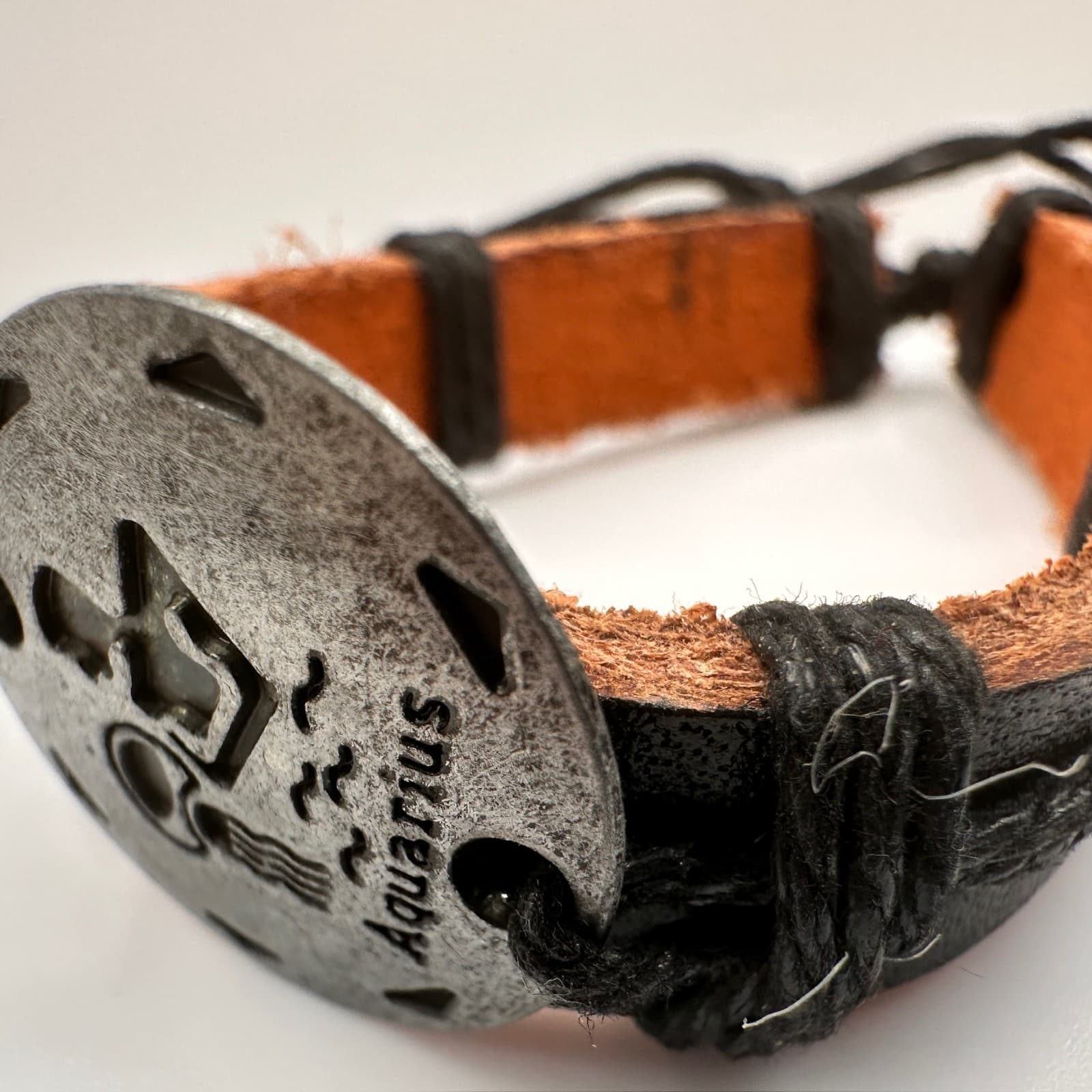 Vintage 90s Aquarius Zodiac Leather Bracelet Black & Brown Adjustable Unisex - Thumbnail 12