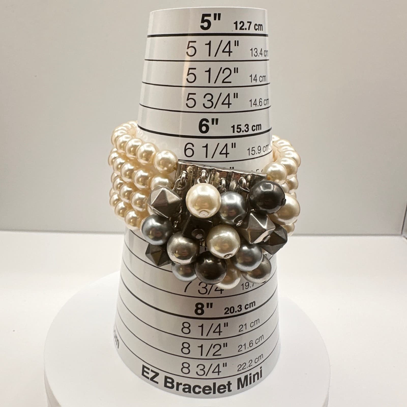 Vintage 90s Faux Pearl Cluster Mixed-Bead Stretch Bracelet Silver Tone Jewelry - Thumbnail 11