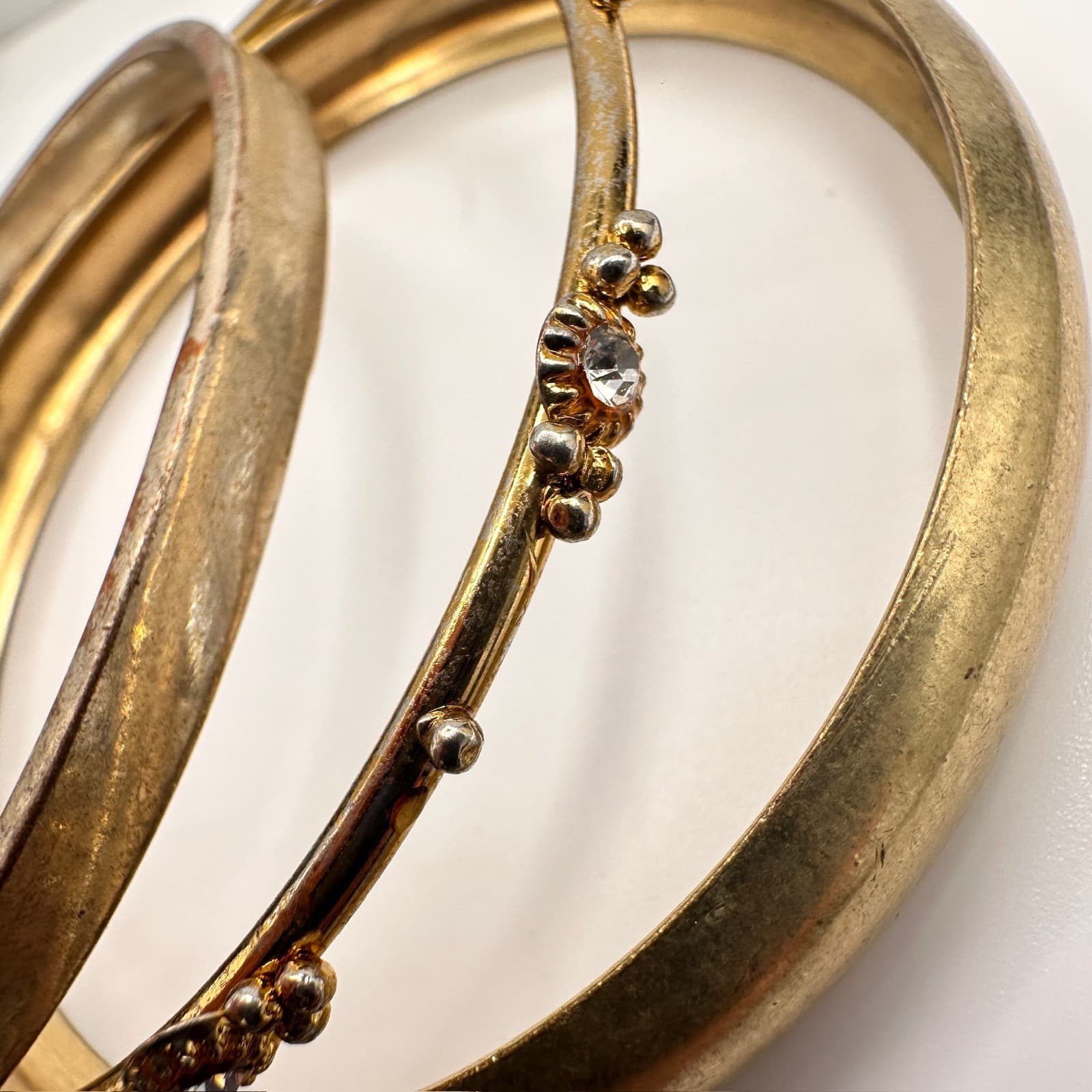 Vintage 90s Gold Silver Tone Bangle Set of 3 Rhinestone Women's Classic Jewelry - Thumbnail 4