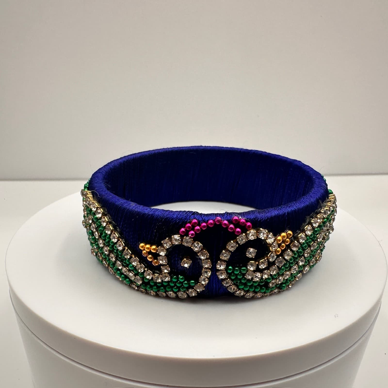 Vintage 90s Silk Thread Bangle Royal Blue Rhinestone Bracelet Bead Peacock Motif - Image 1