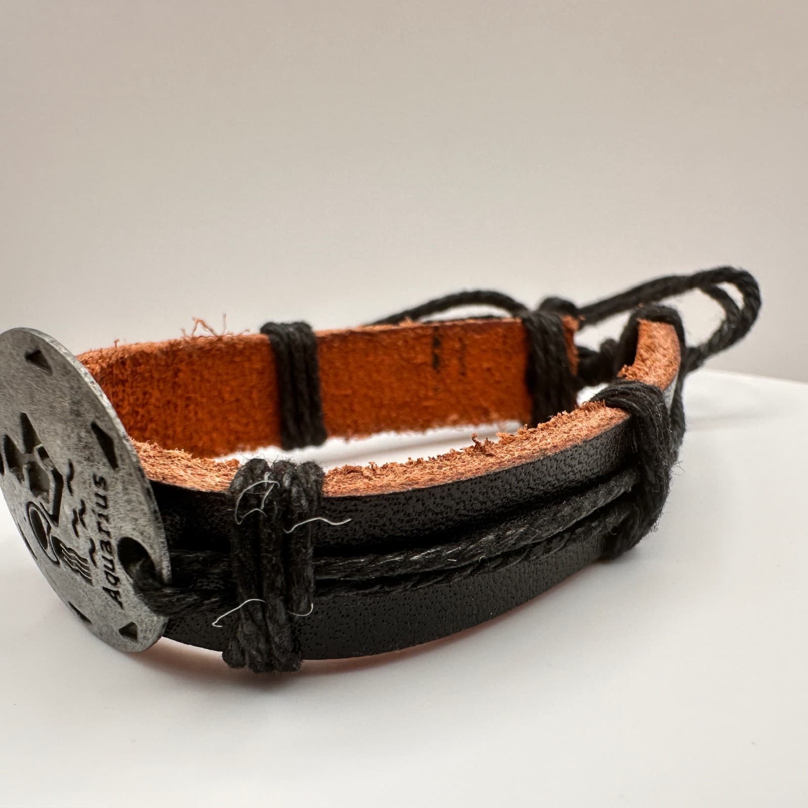 Vintage 90s Aquarius Zodiac Leather Bracelet Black & Brown Adjustable Unisex - Thumbnail 9