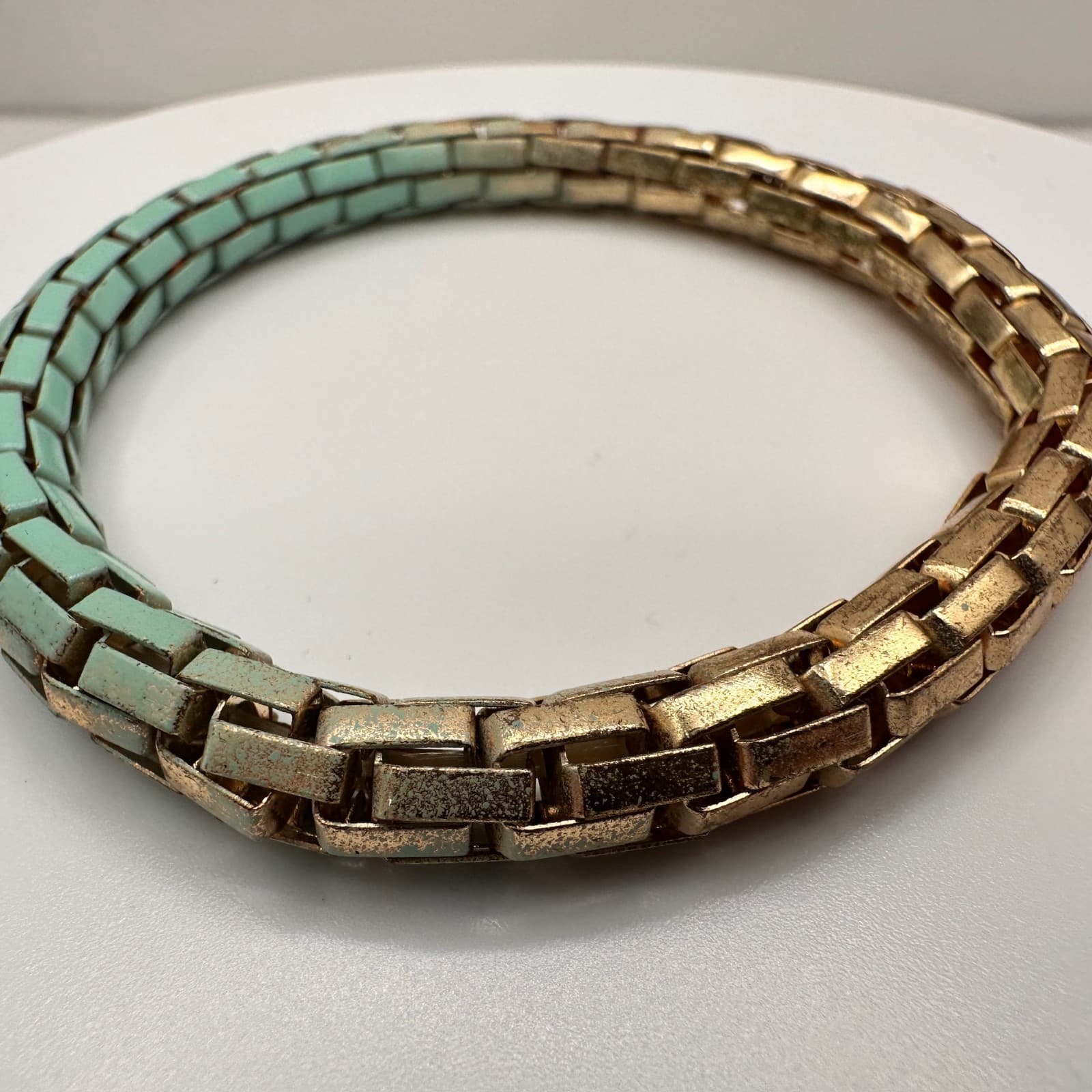 Vintage Y2K Teal Gold Two-Tone Enamel Link Bracelet Chunky Statement Jewelry - Thumbnail 5