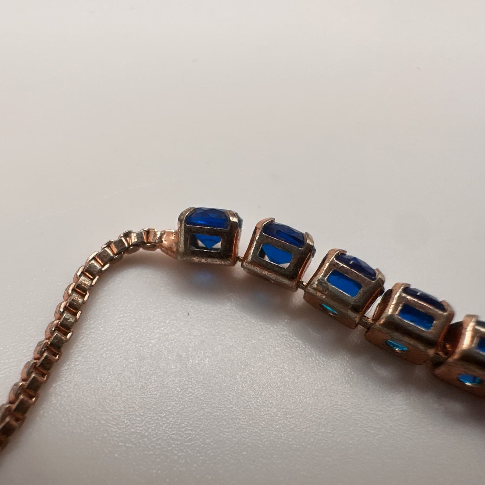 Vintage 90s Y2K Rose Gold Tone Blue Sapphire CZ Bolo Tennis Bracelet Adjustable - Thumbnail 8